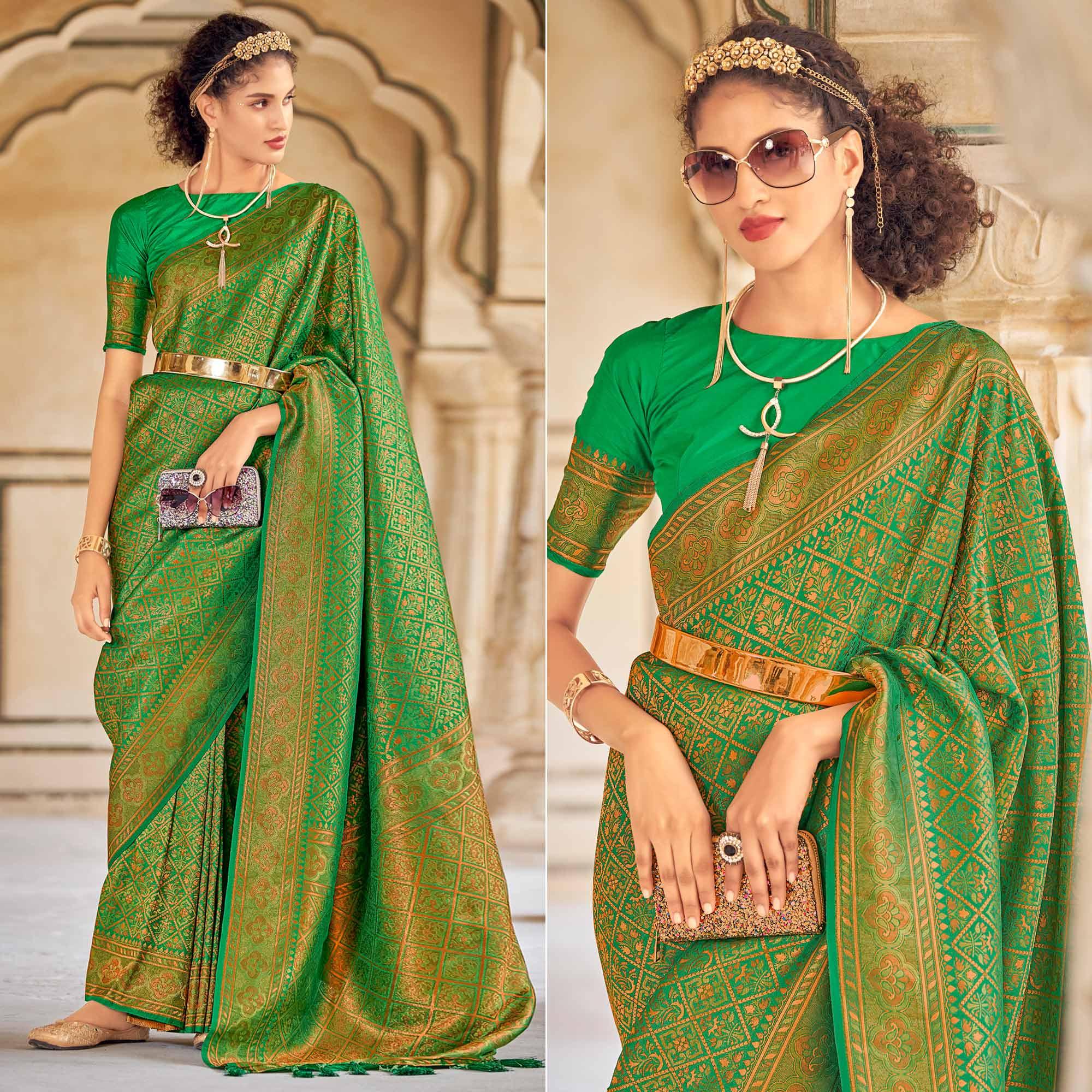 Green Floral Woven Art Silk Saree - Peachmode