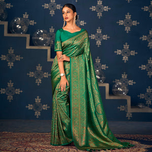 Green Floral Woven Art Silk Saree - Peachmode