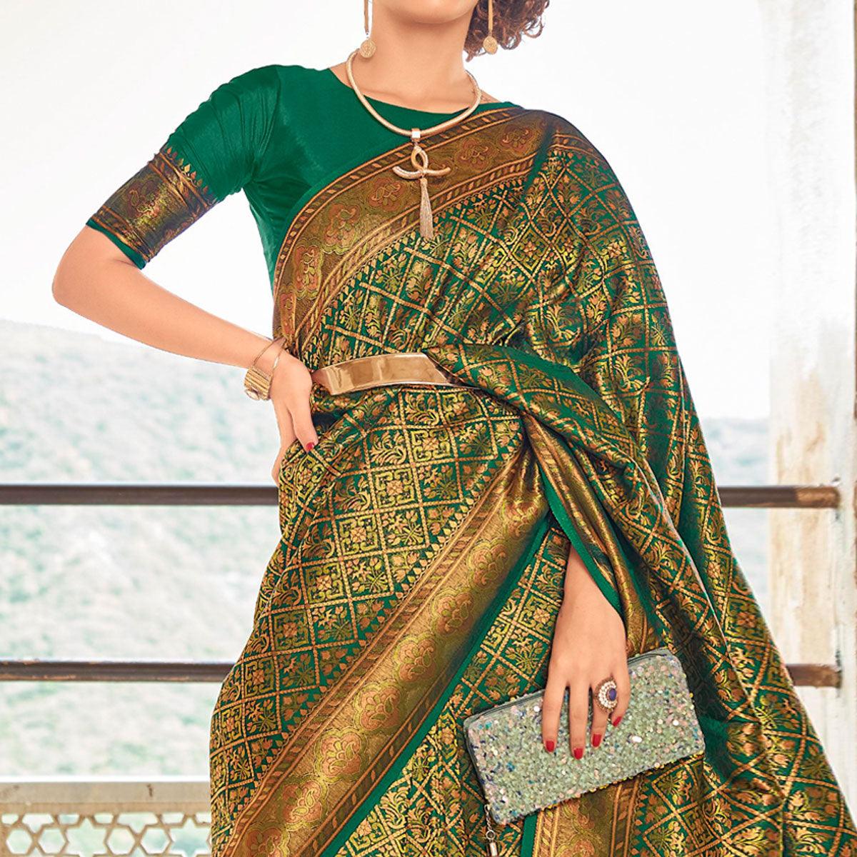 Green Floral Woven Art Silk Saree - Peachmode