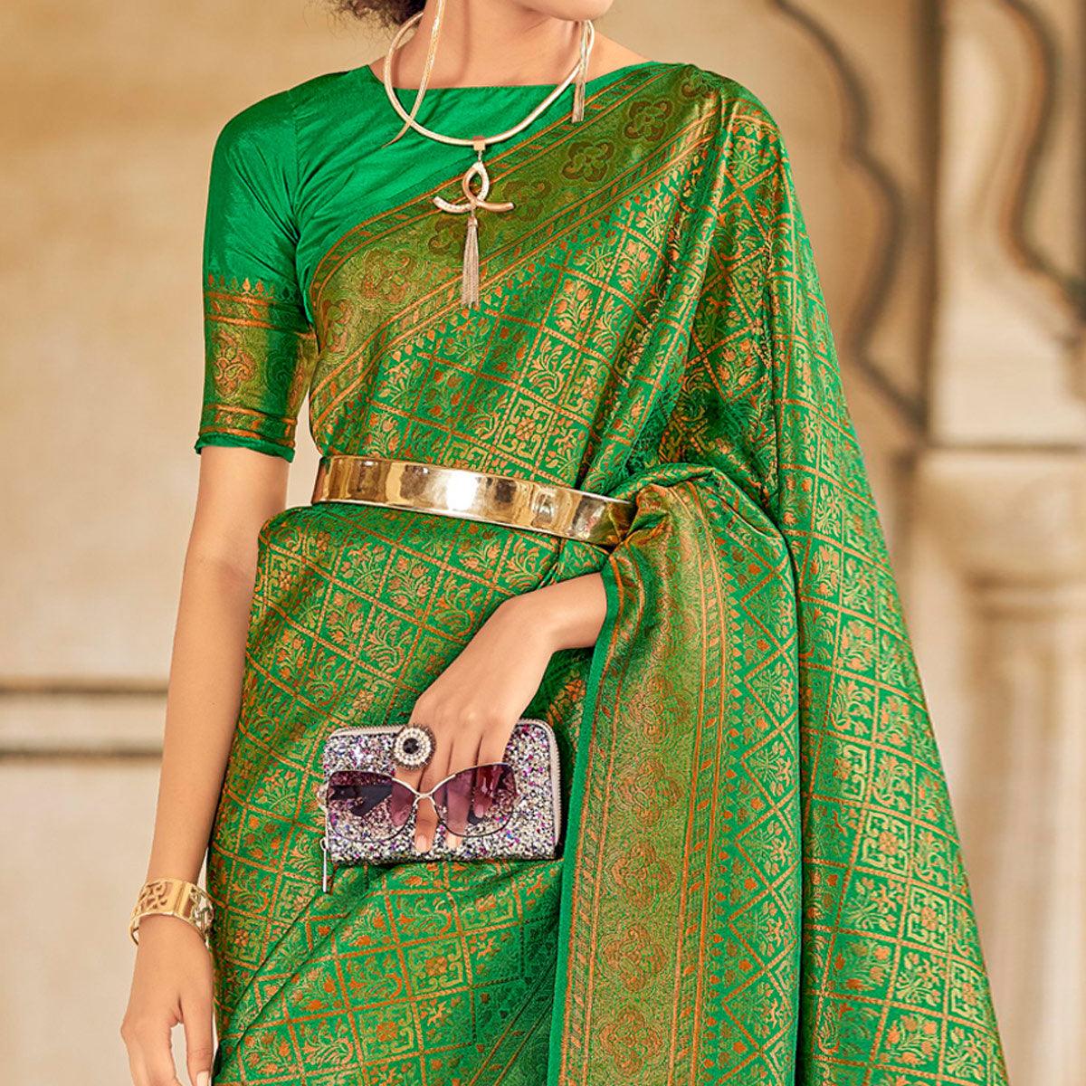 Green Floral Woven Art Silk Saree - Peachmode