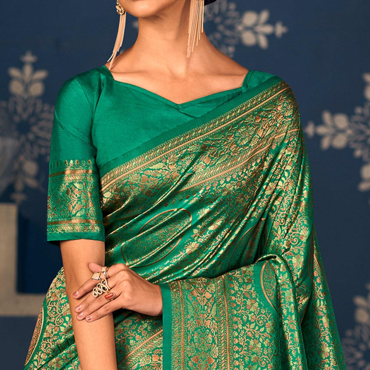 Green Floral Woven Art Silk Saree - Peachmode