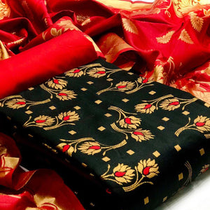 Green Floral Woven Banarasi Silk Dress Material - Peachmode