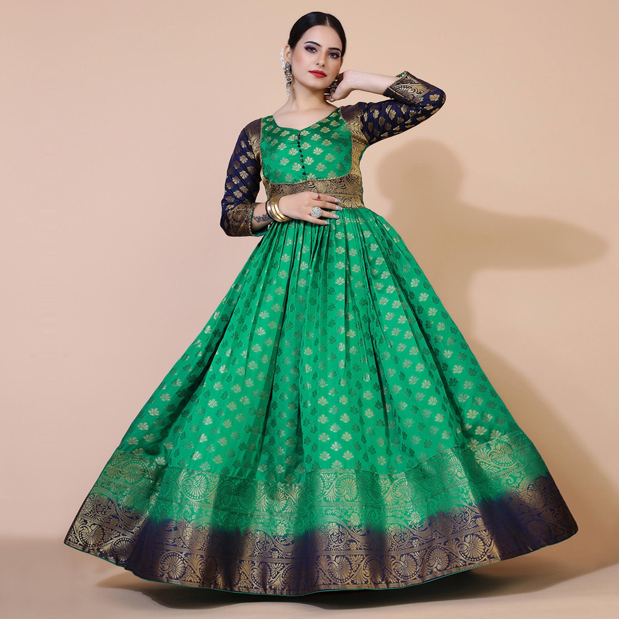 Green Floral Woven Jacquard Anarkali Style Gown - Peachmode
