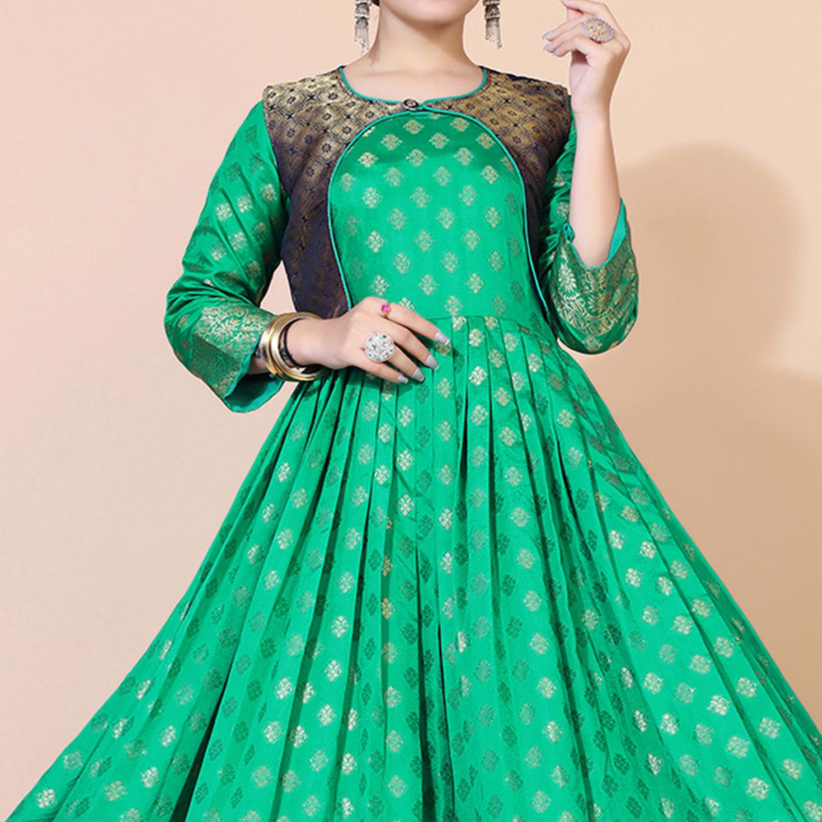 Green Floral Woven Jacquard Anarkali Style Gown - Peachmode