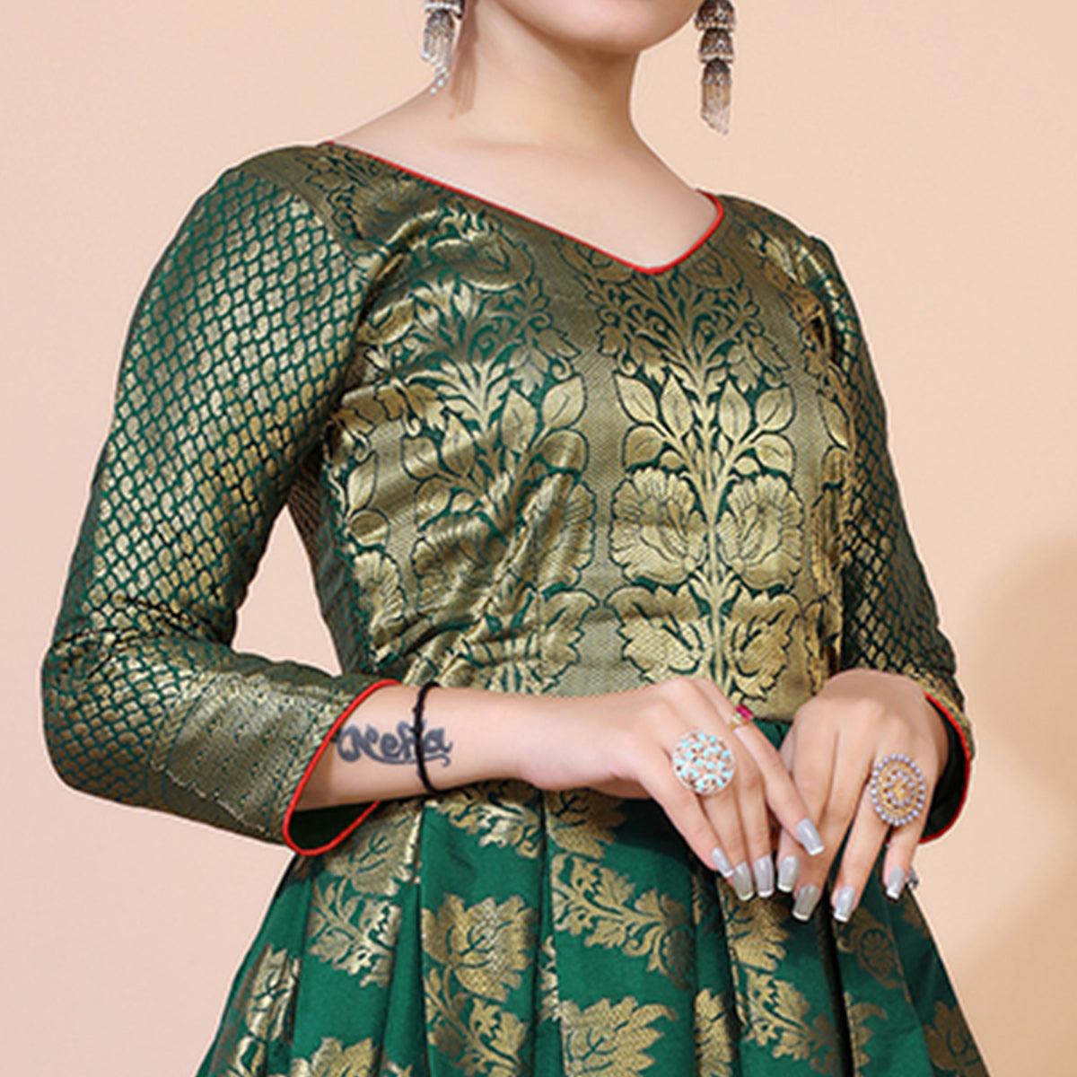 Green Floral Woven Jacquard Anarkali Style Gown - Peachmode