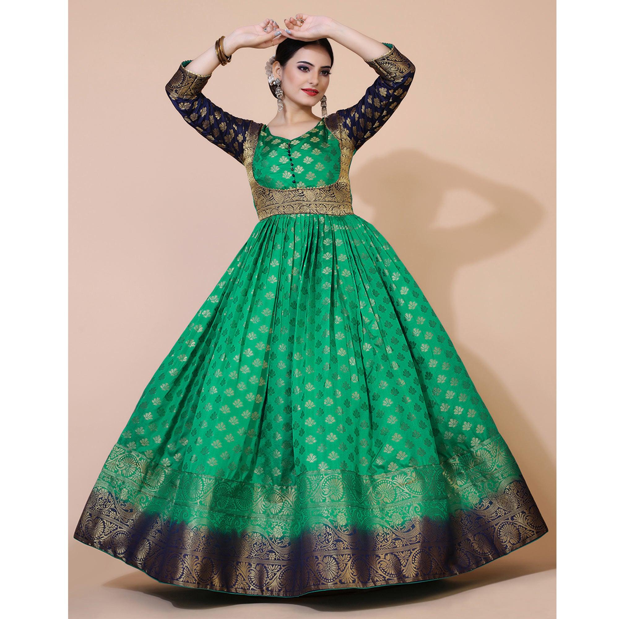 Green Floral Woven Jacquard Anarkali Style Gown - Peachmode