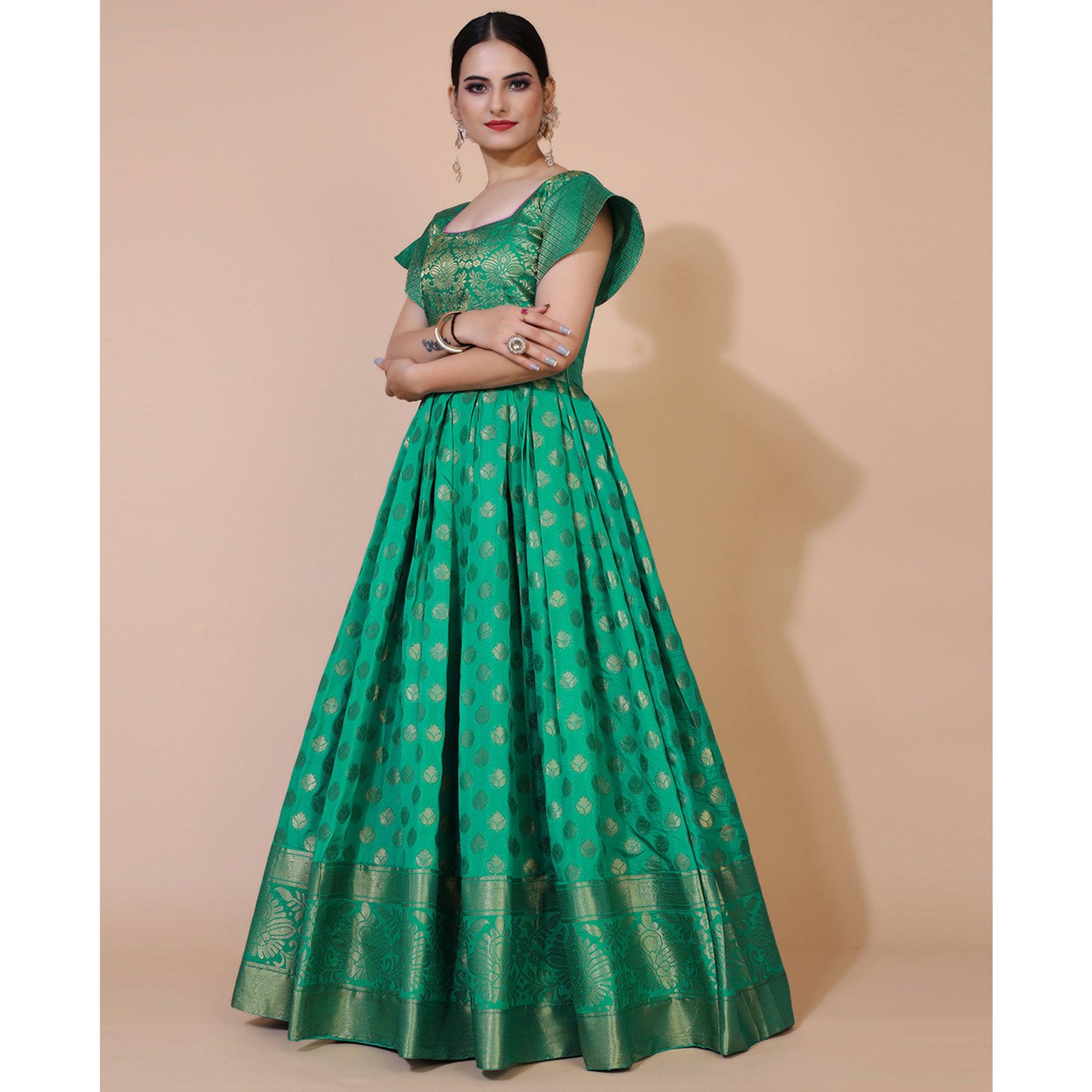 Green Floral Woven Jacquard Anarkali Style Gown - Peachmode