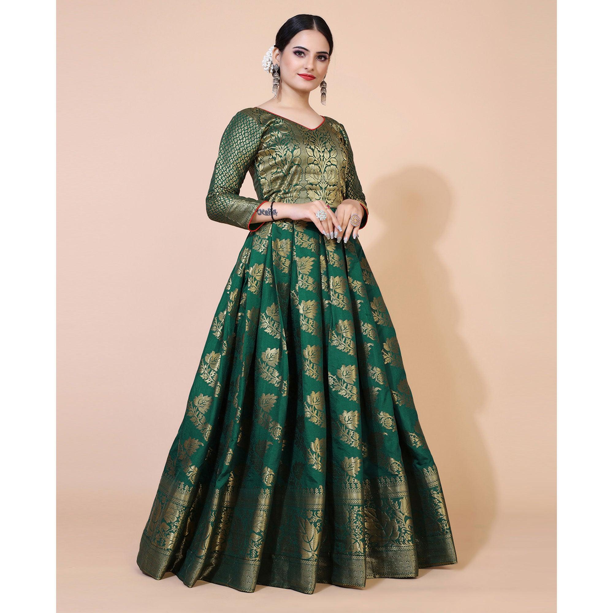 Green Floral Woven Jacquard Anarkali Style Gown - Peachmode