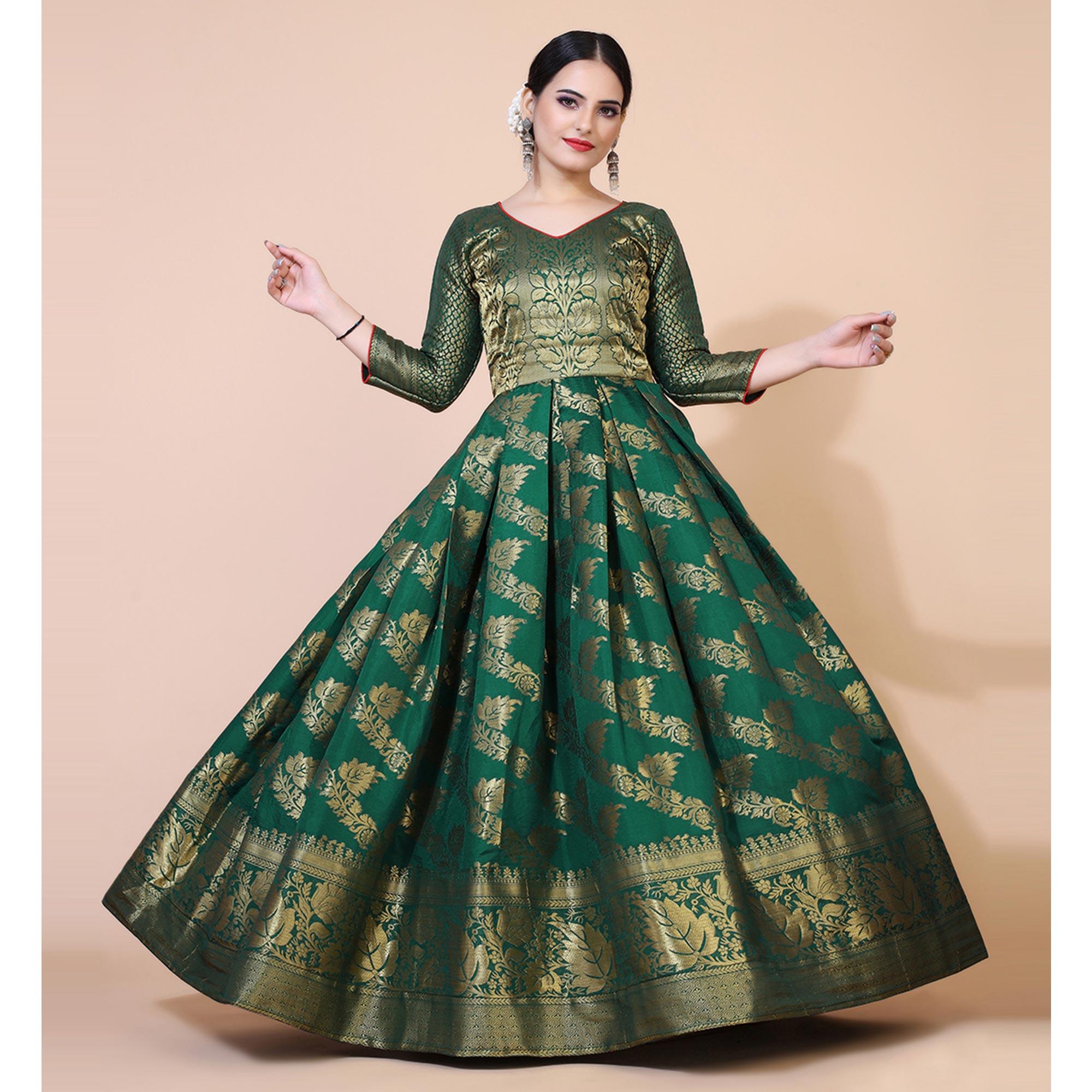 Green Floral Woven Jacquard Anarkali Style Gown - Peachmode