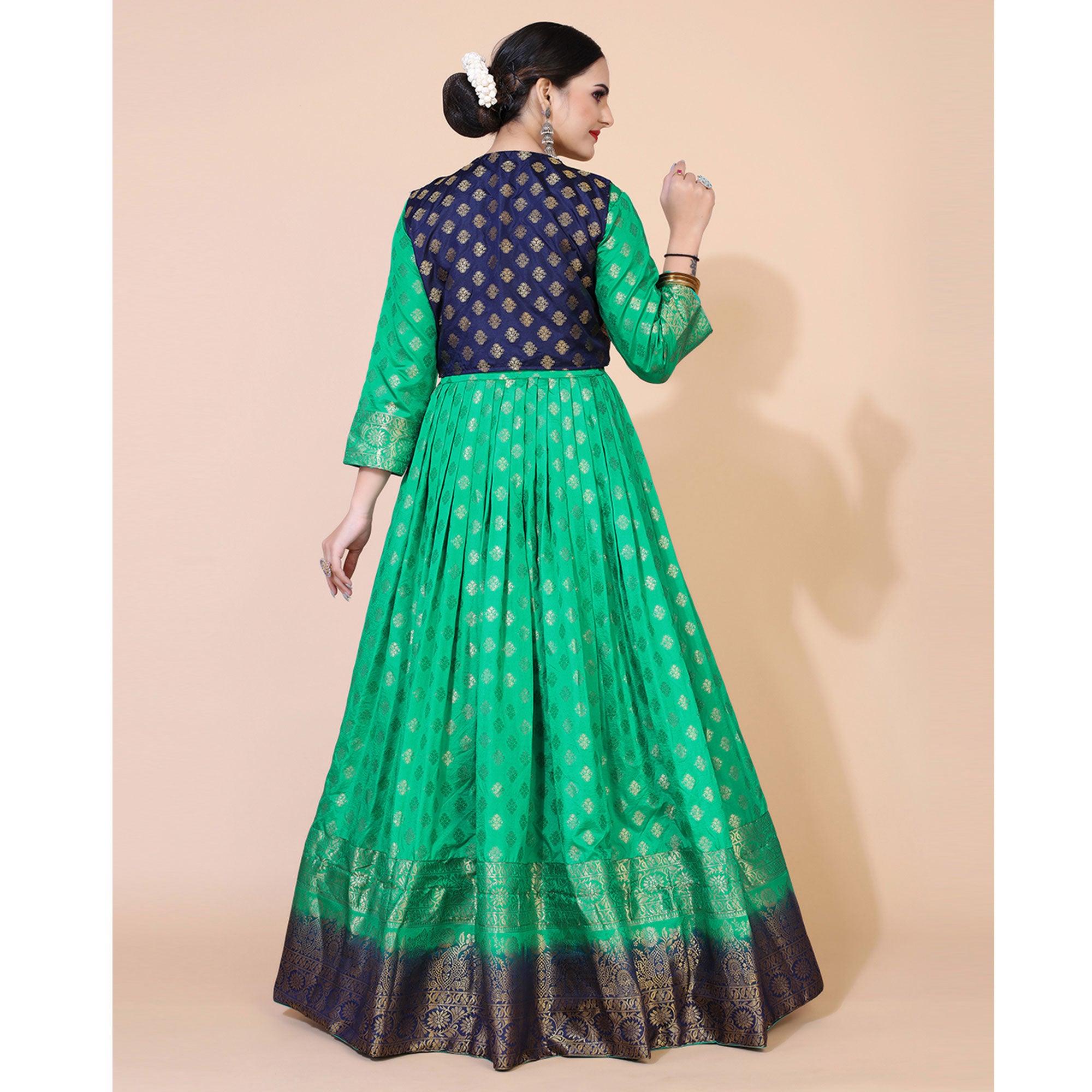 Green Floral Woven Jacquard Anarkali Style Gown - Peachmode