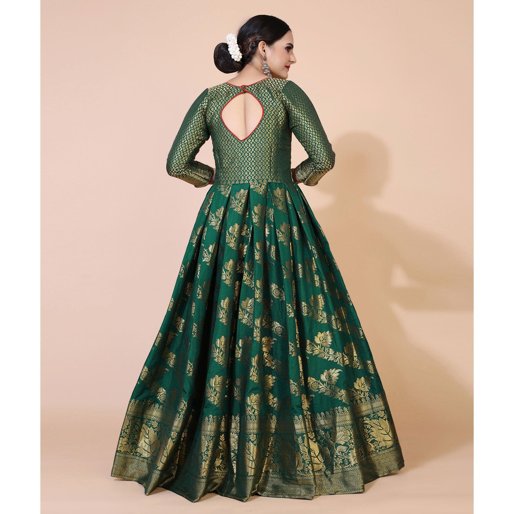 Green Floral Woven Jacquard Anarkali Style Gown - Peachmode