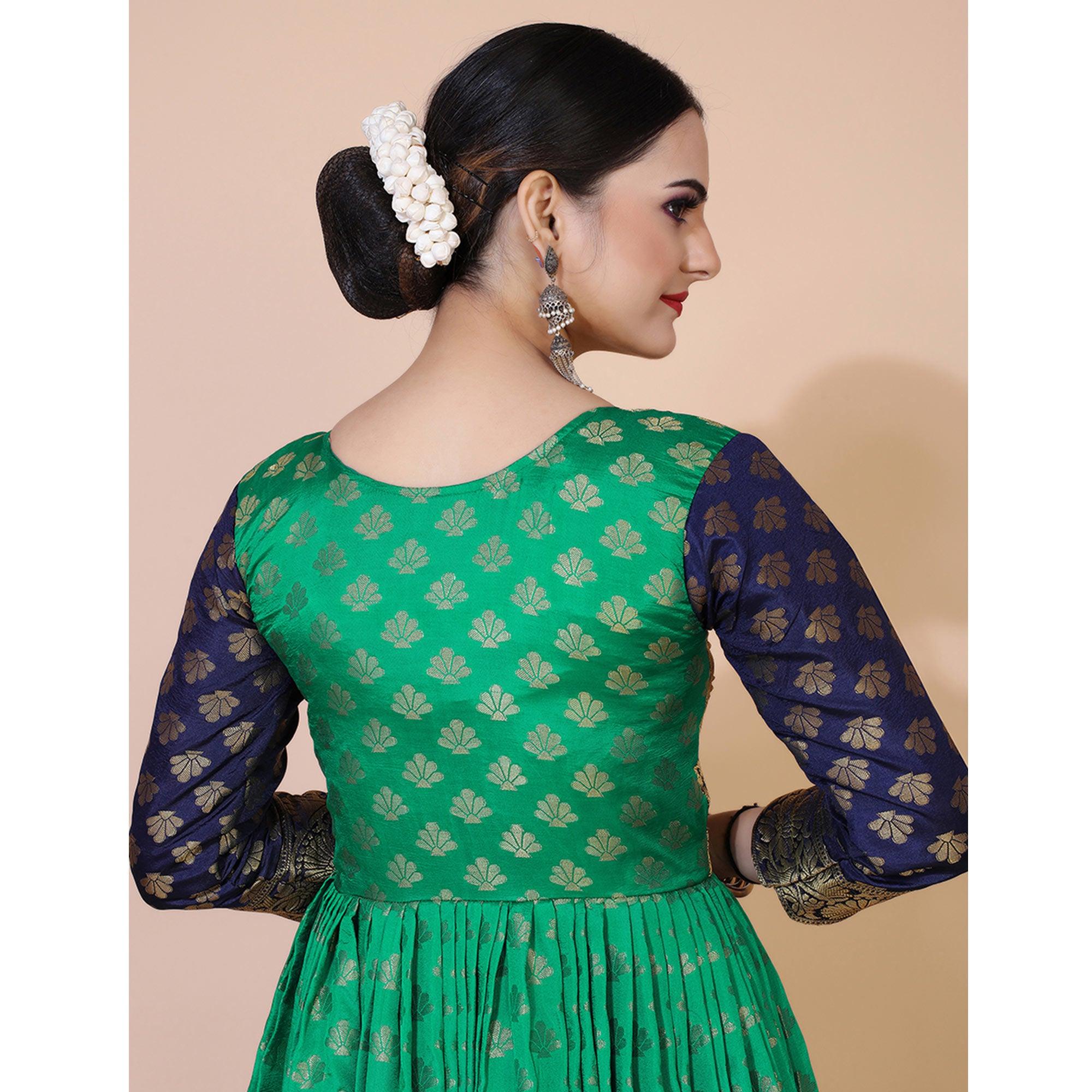 Green Floral Woven Jacquard Anarkali Style Gown - Peachmode