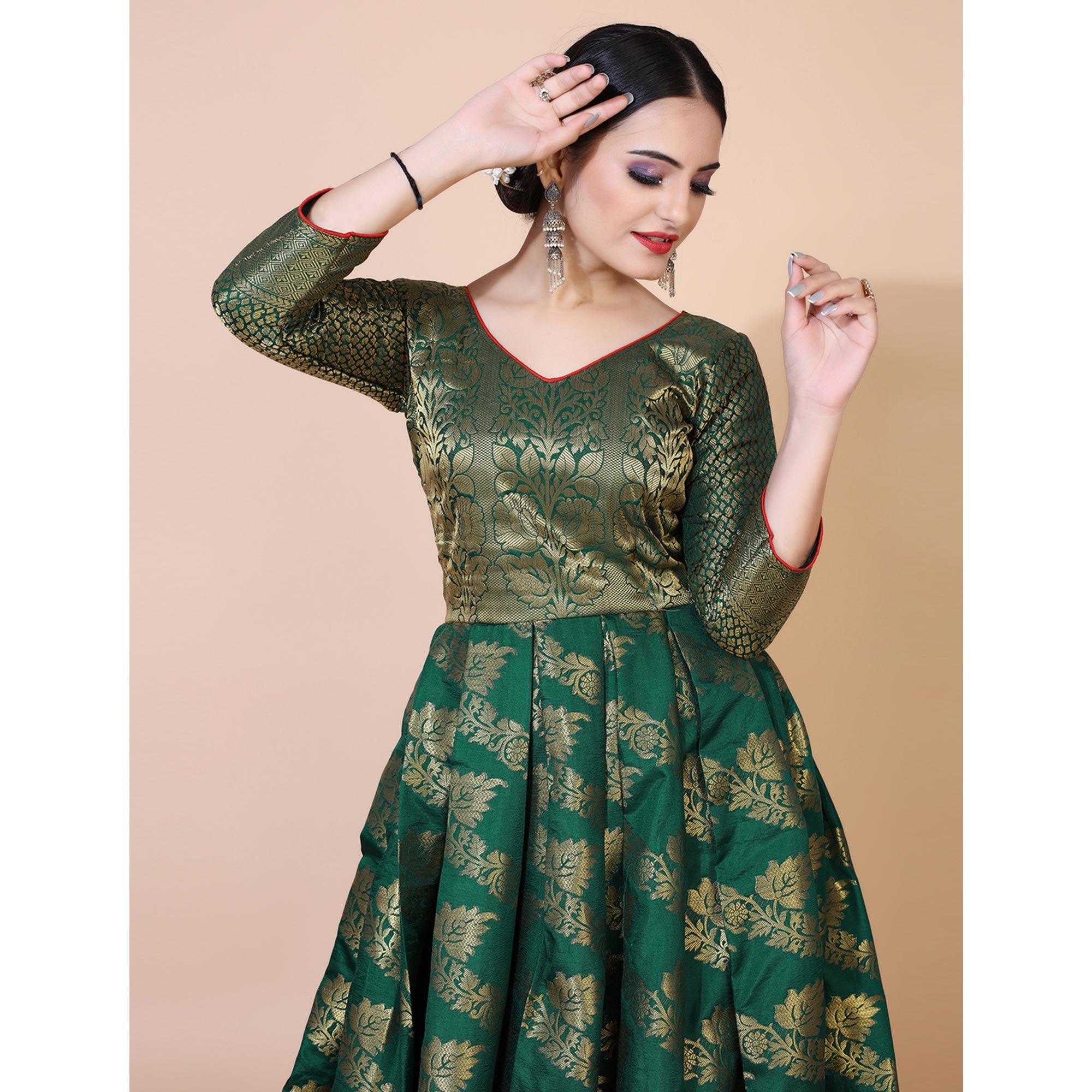 Green Floral Woven Jacquard Anarkali Style Gown - Peachmode