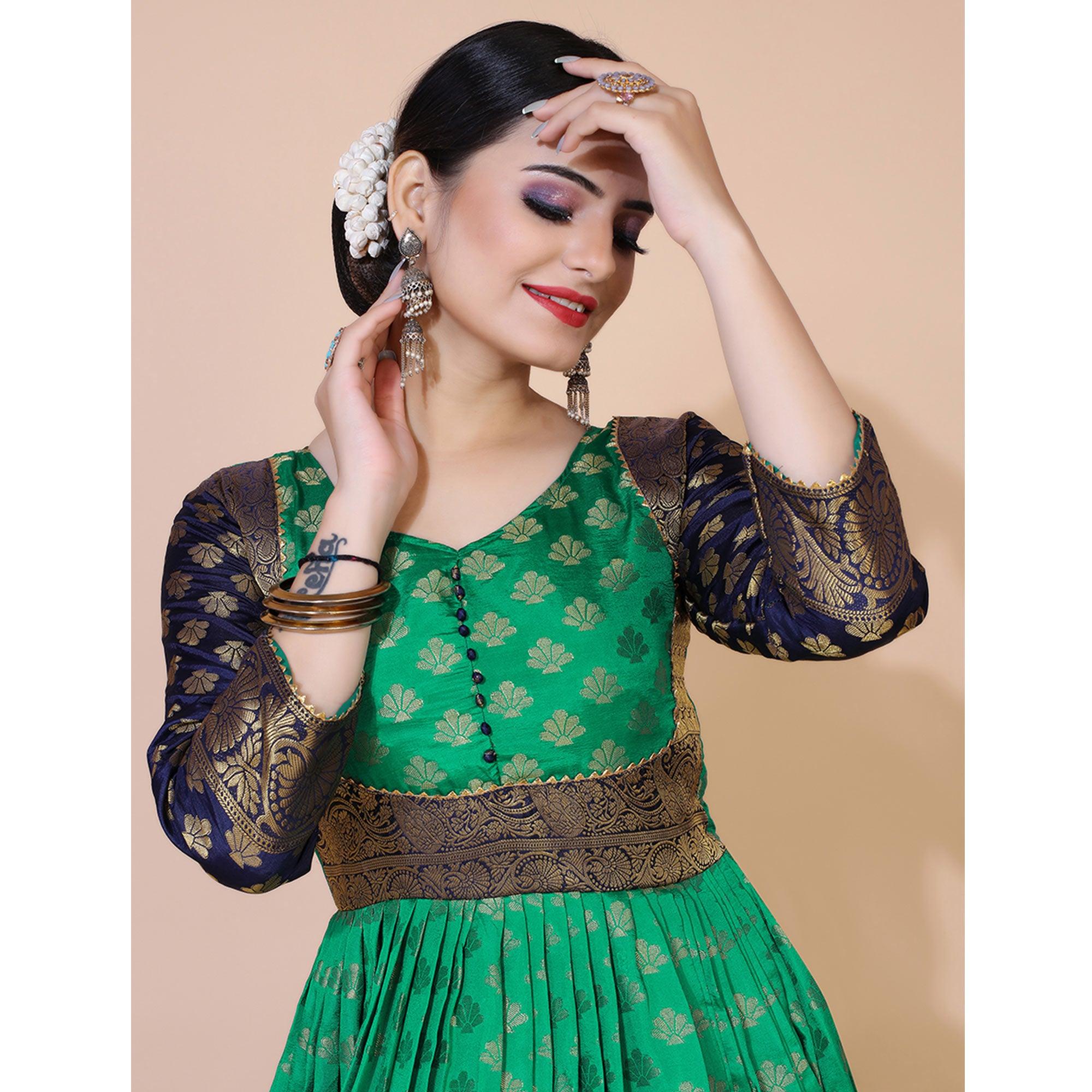 Green Floral Woven Jacquard Anarkali Style Gown - Peachmode