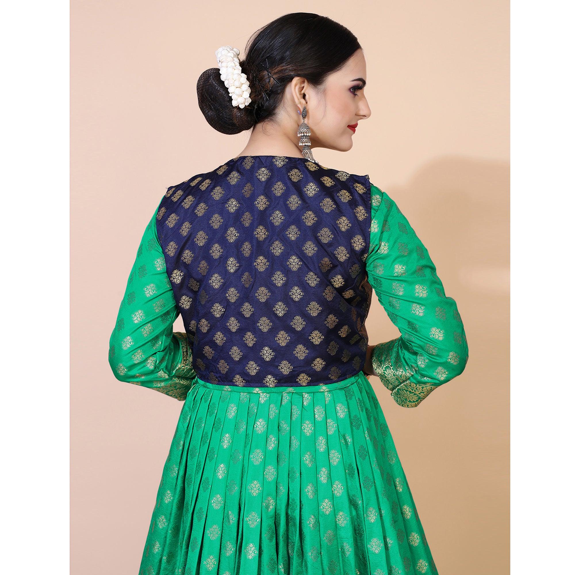 Green Floral Woven Jacquard Anarkali Style Gown - Peachmode