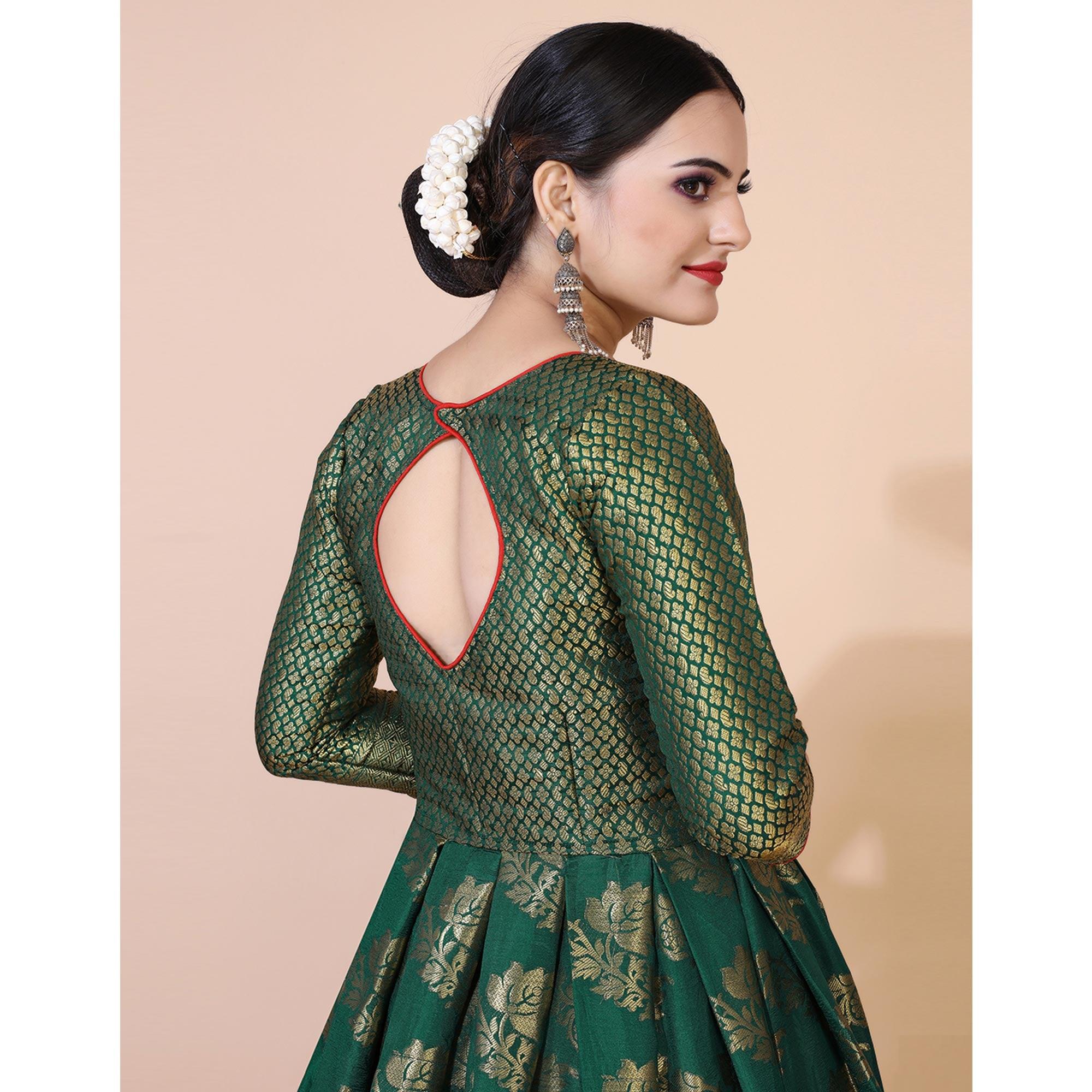 Green Floral Woven Jacquard Anarkali Style Gown - Peachmode