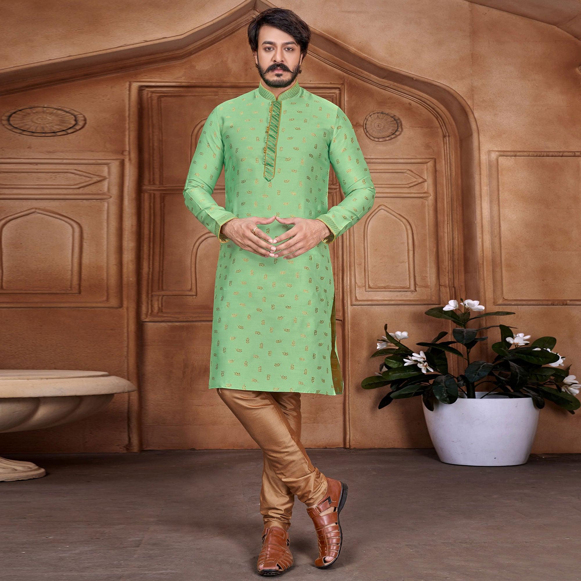 Green Floral Woven Jacquard Kurta Pyjama Set - Peachmode