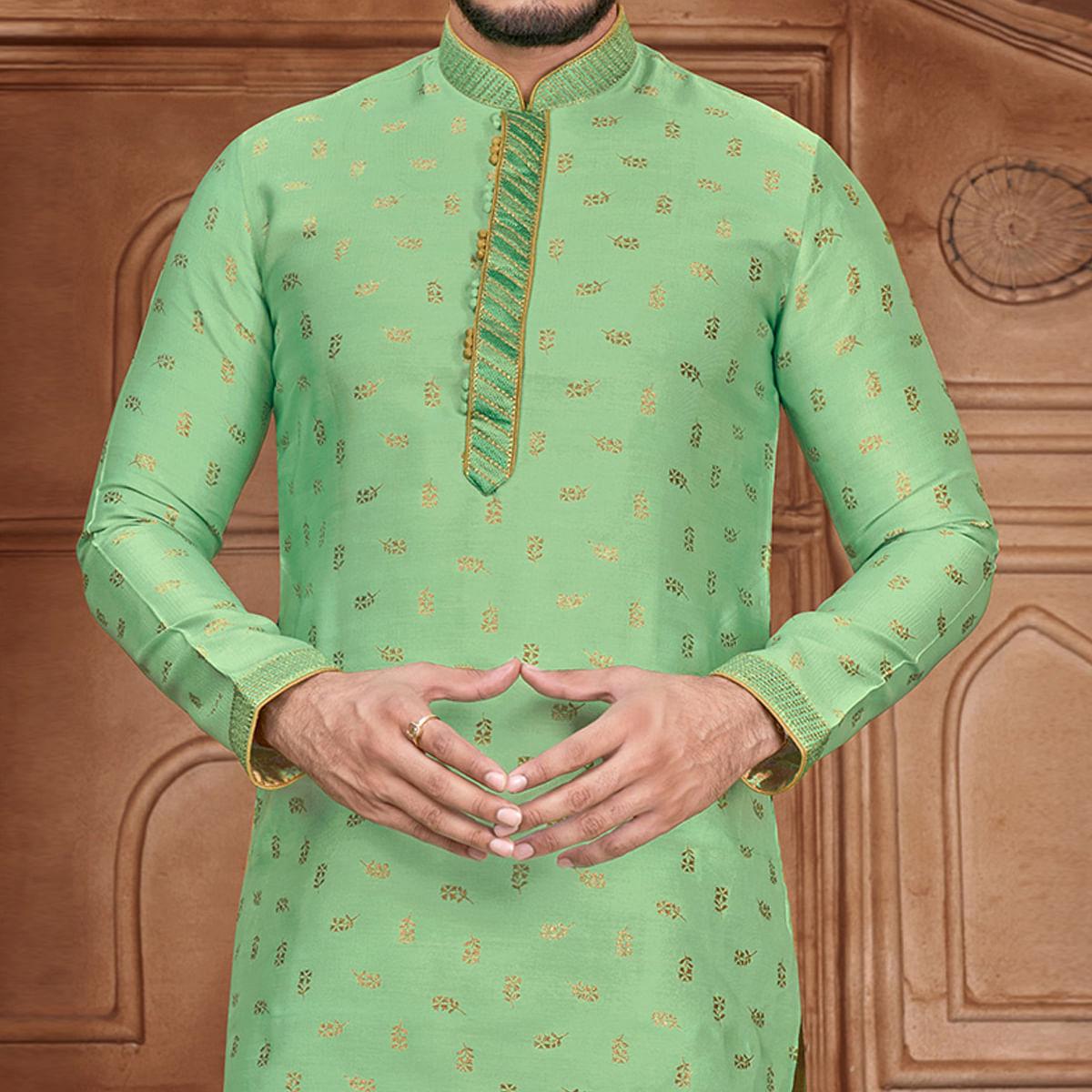 Green Floral Woven Jacquard Kurta Pyjama Set - Peachmode