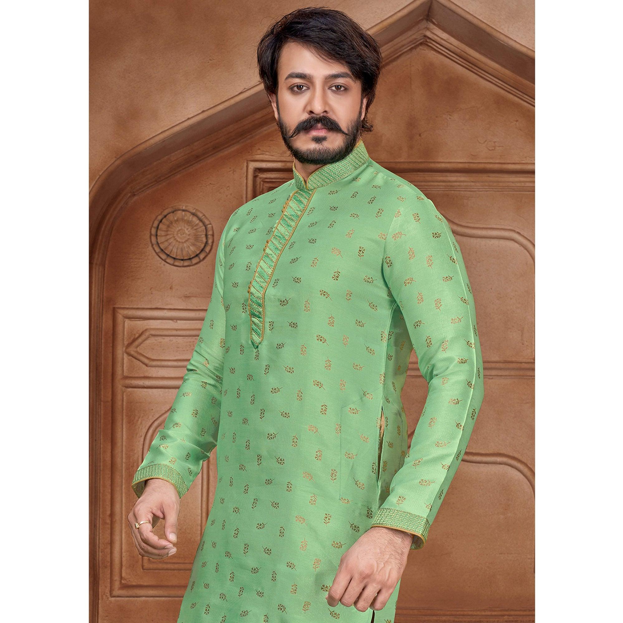 Green Floral Woven Jacquard Kurta Pyjama Set - Peachmode