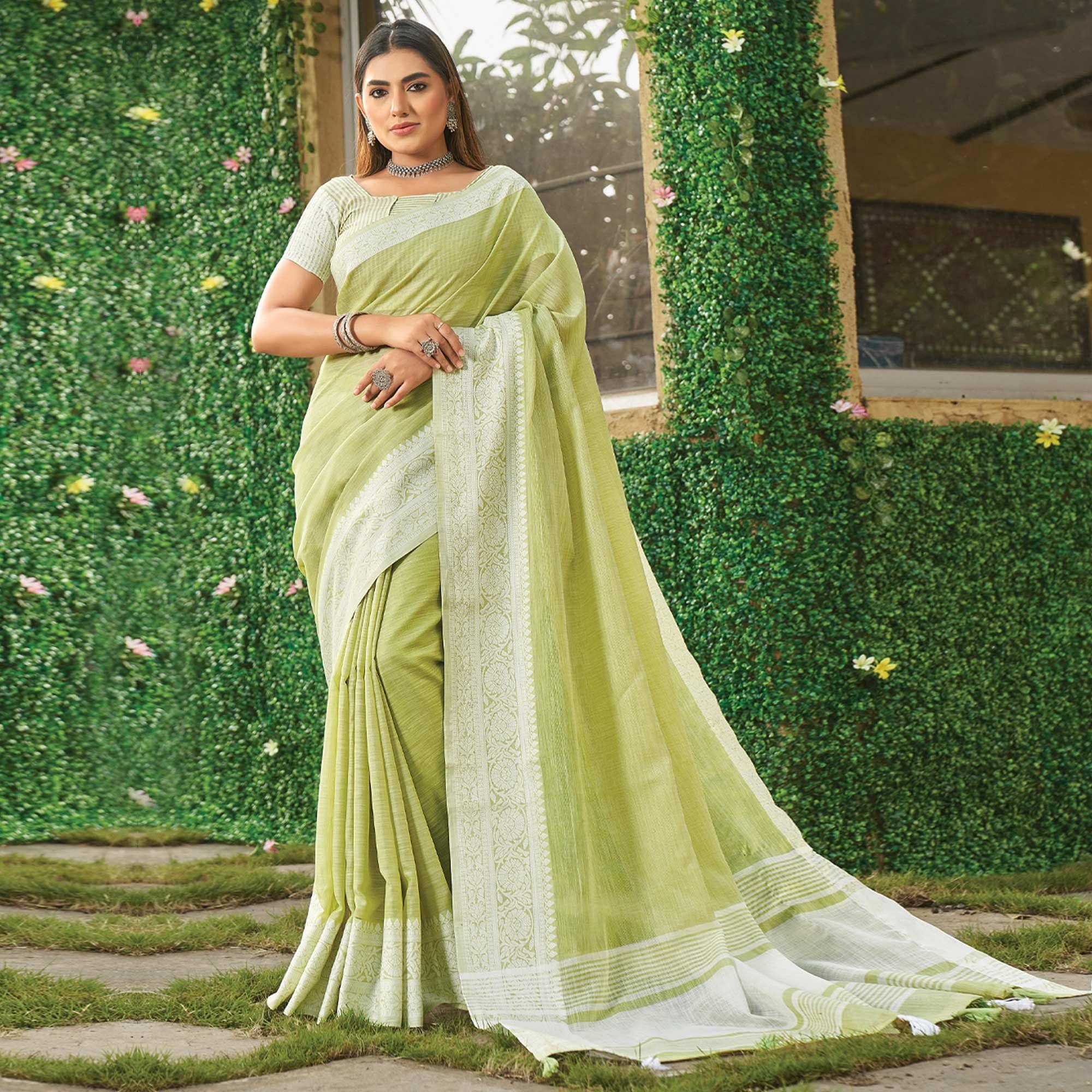 Green Floral Woven Linen Saree - Peachmode