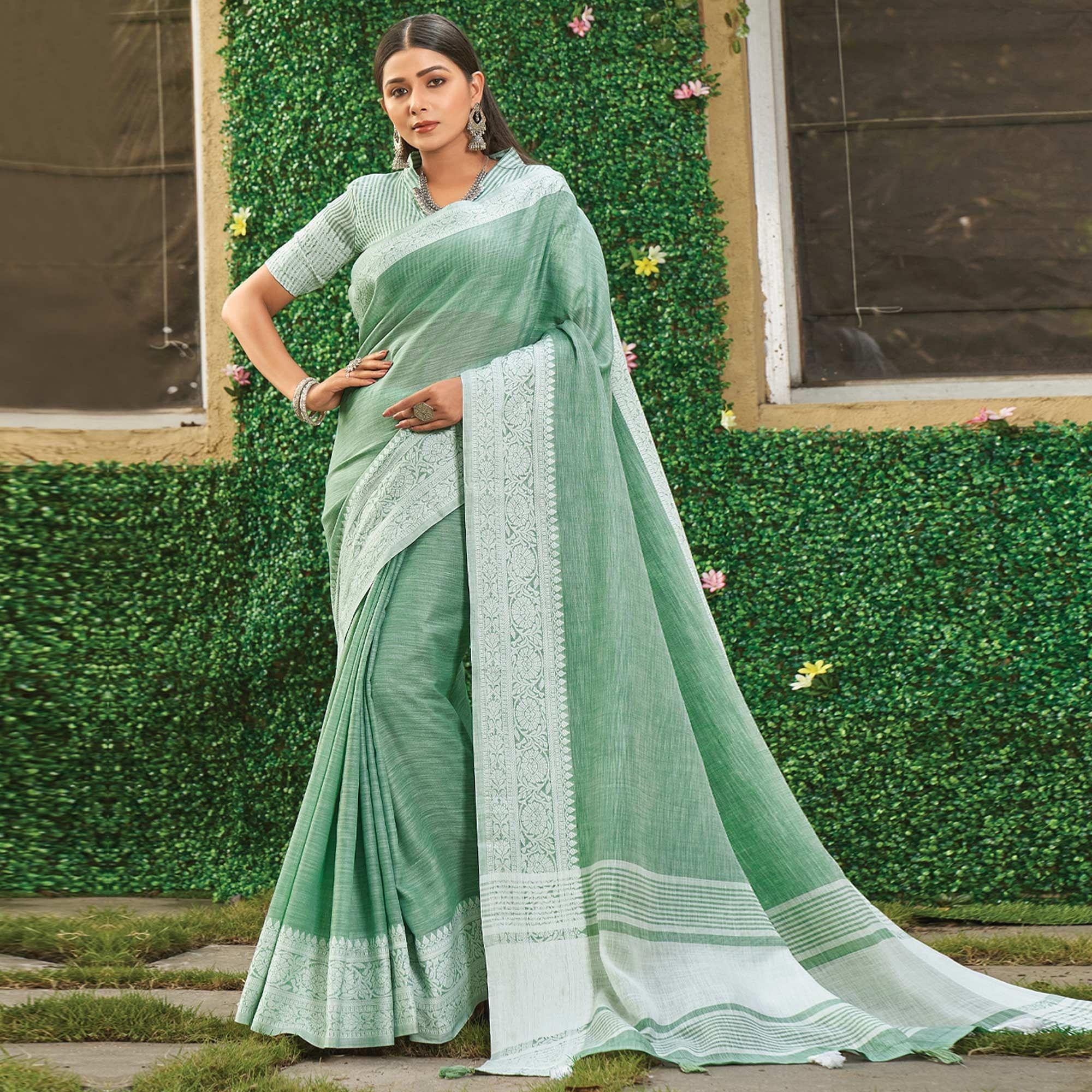 Green Floral Woven Linen Saree - Peachmode