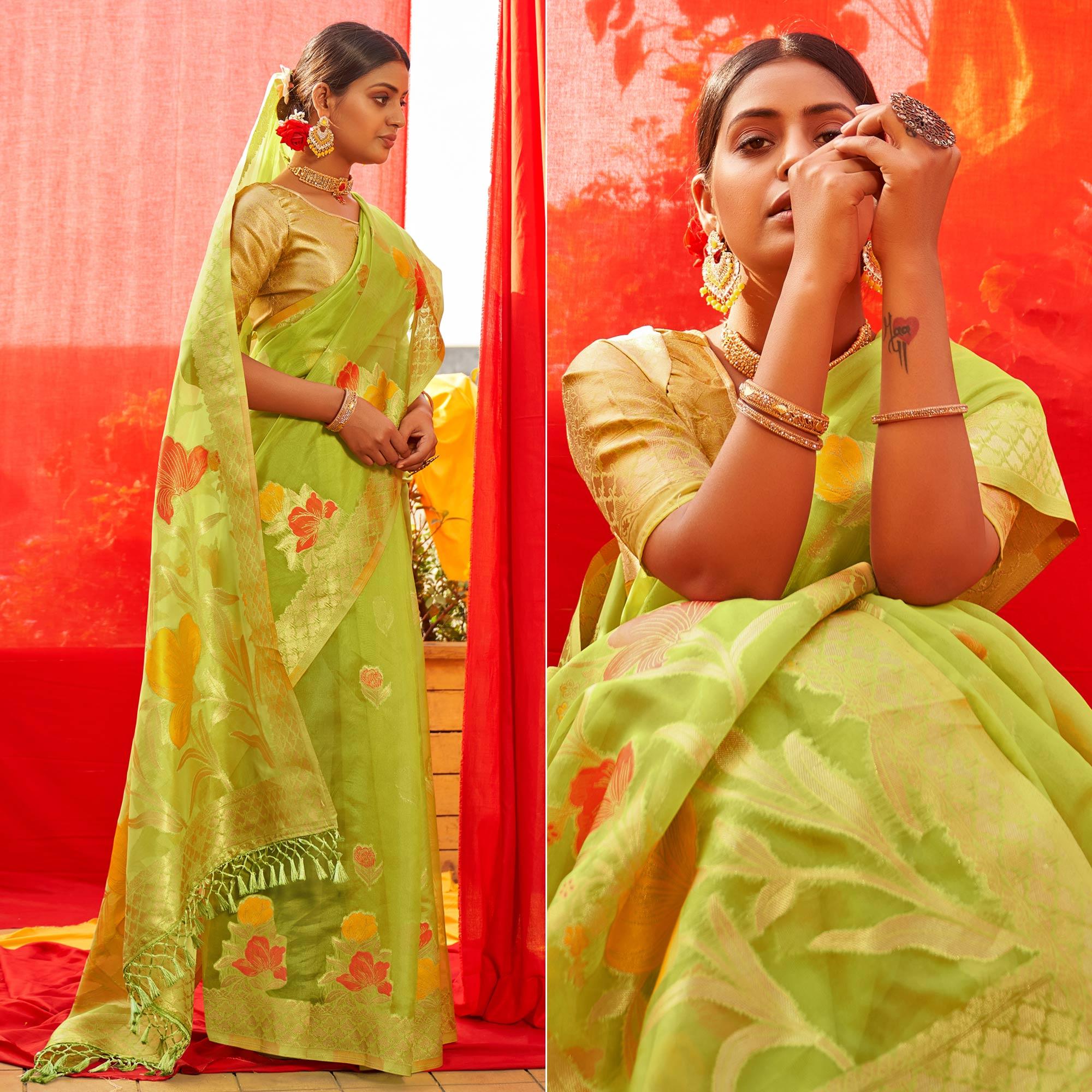 Green Floral Woven Organza Saree - Peachmode