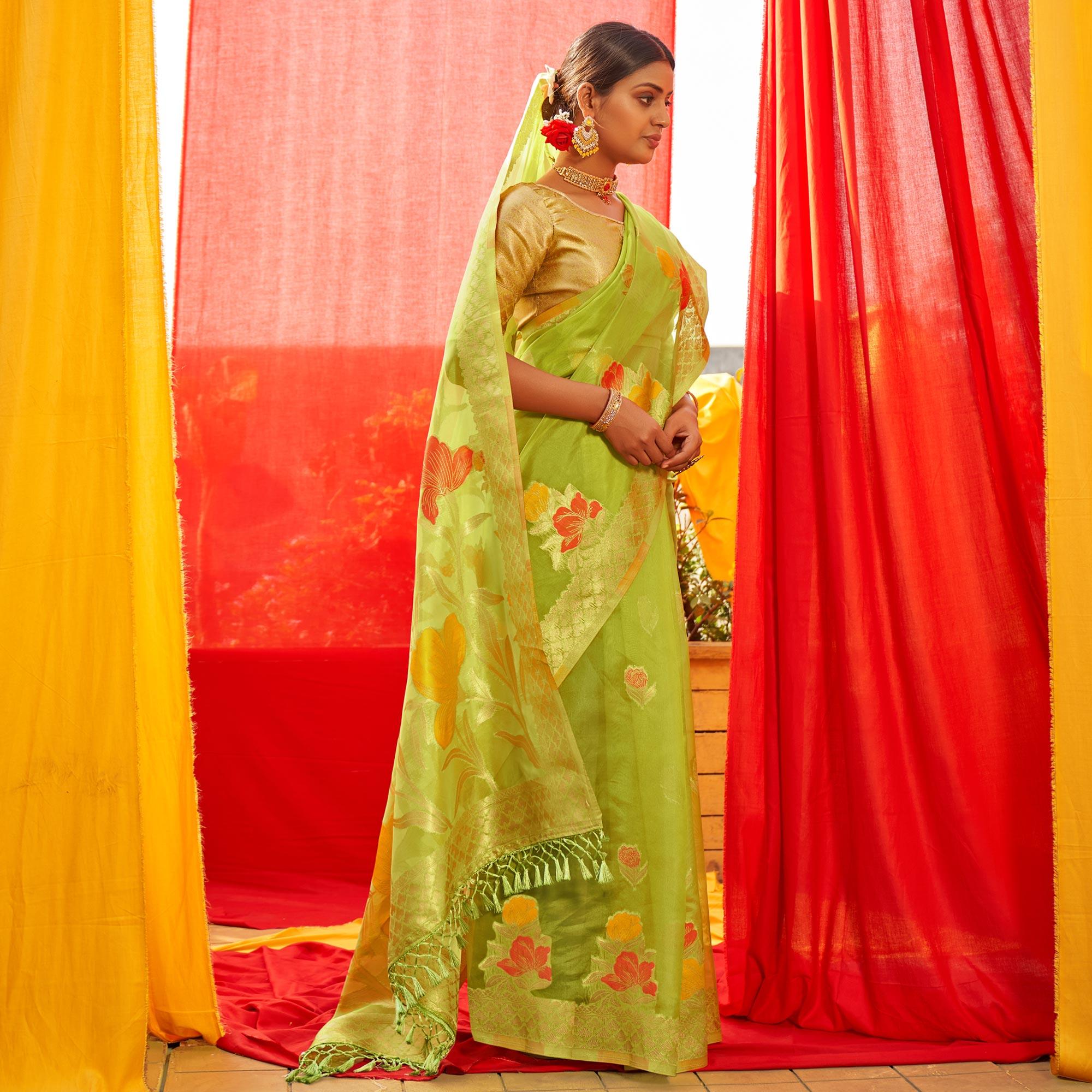 Green Floral Woven Organza Saree - Peachmode