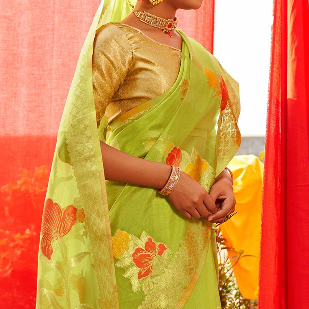 Green Floral Woven Organza Saree - Peachmode