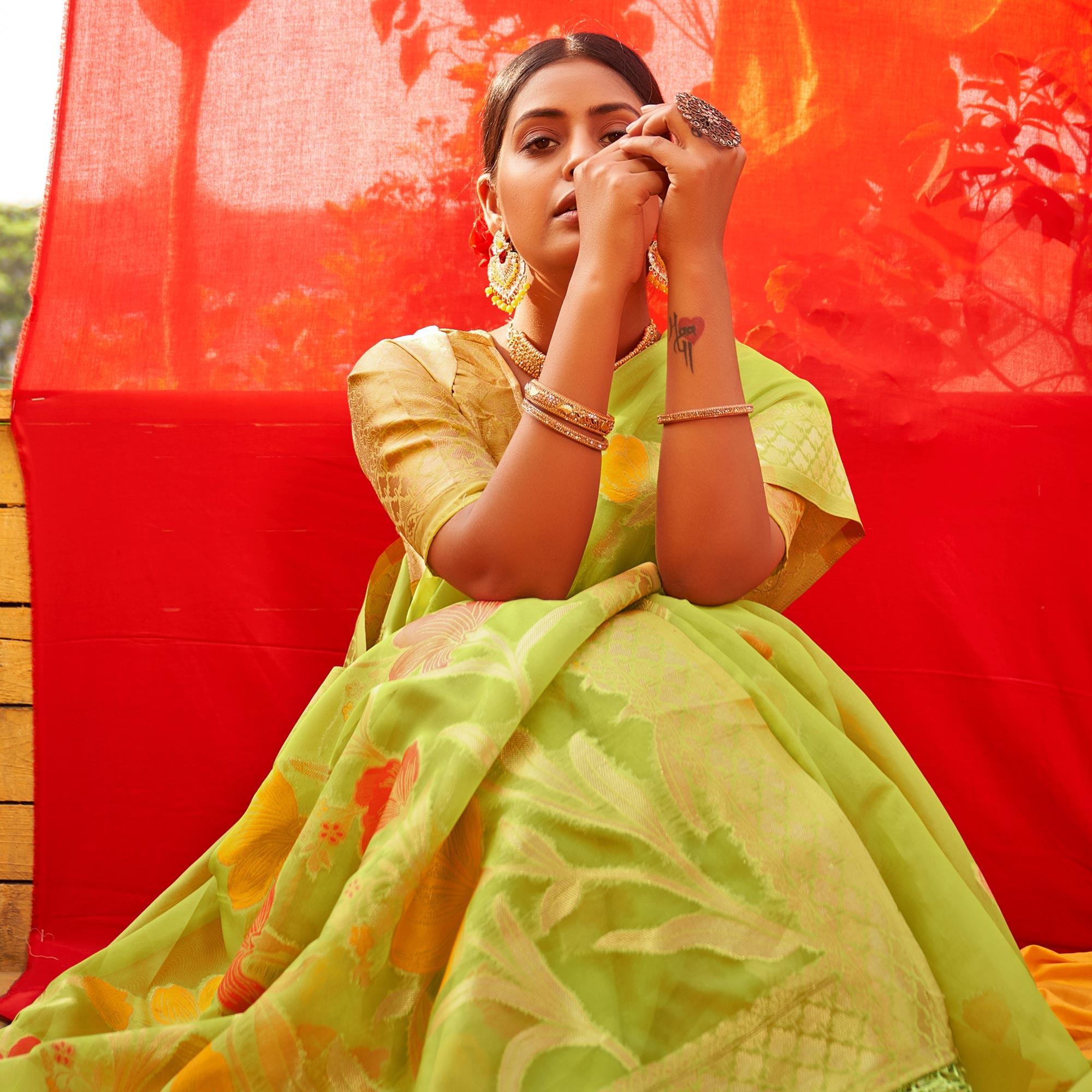 Green Floral Woven Organza Saree - Peachmode