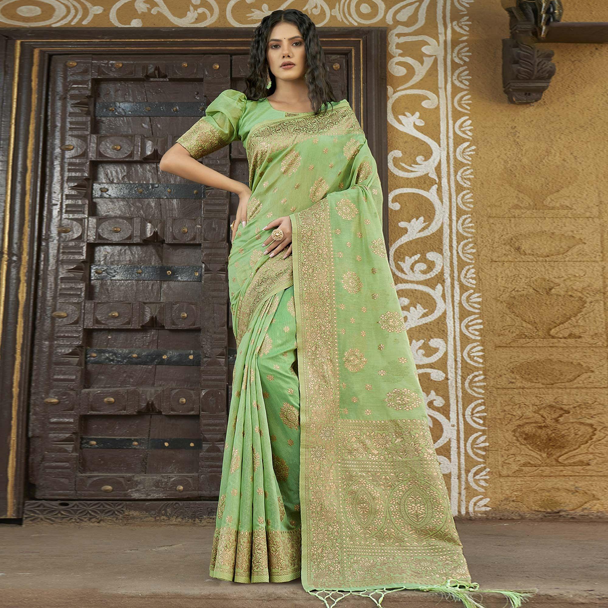 Green Floral Woven Pure Cotton Saree - Peachmode
