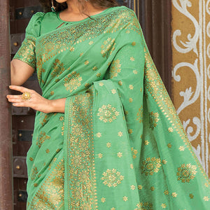 Green Floral Woven Pure Cotton Saree - Peachmode