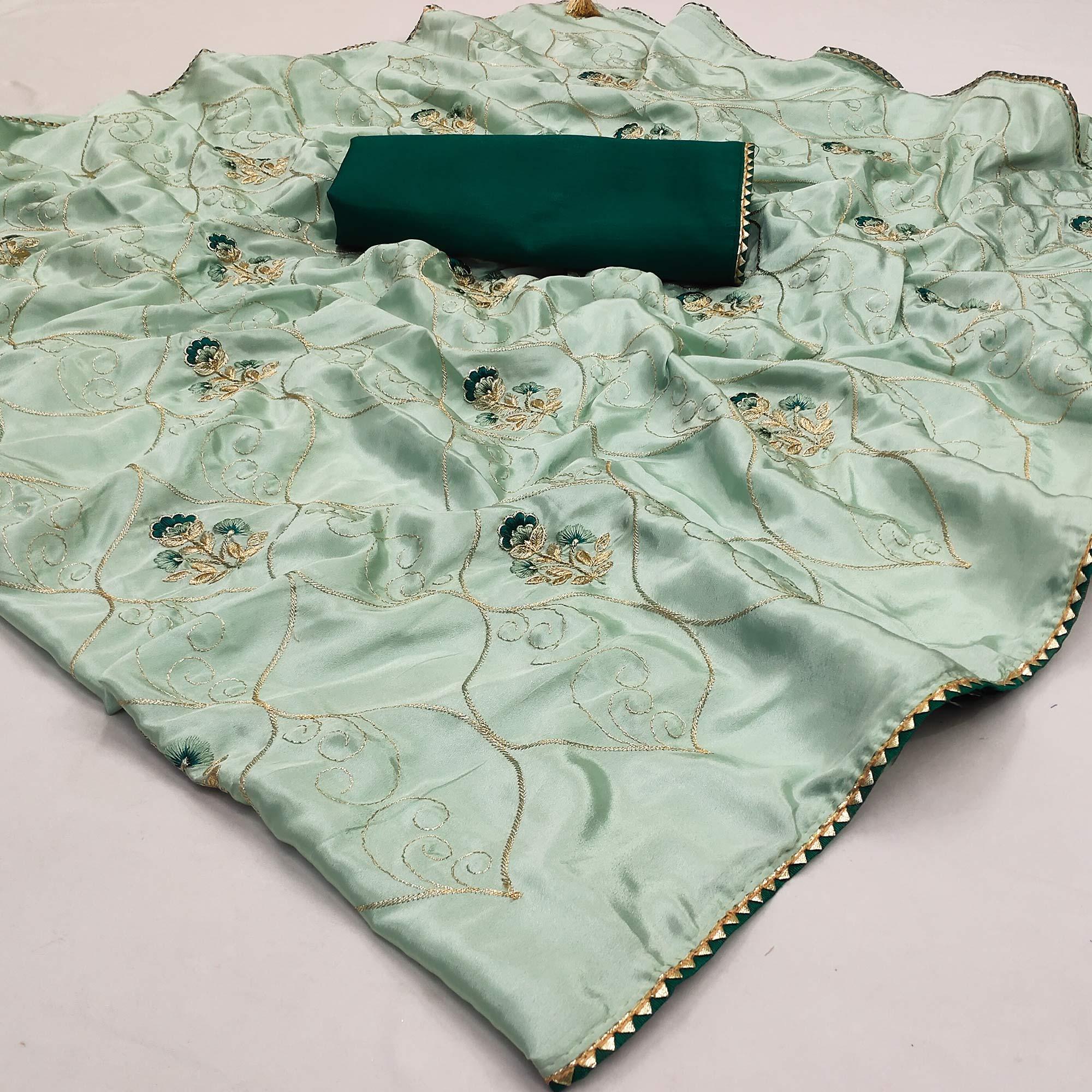 Green Floral Zari Embroidered Pure Silk Saree - Peachmode