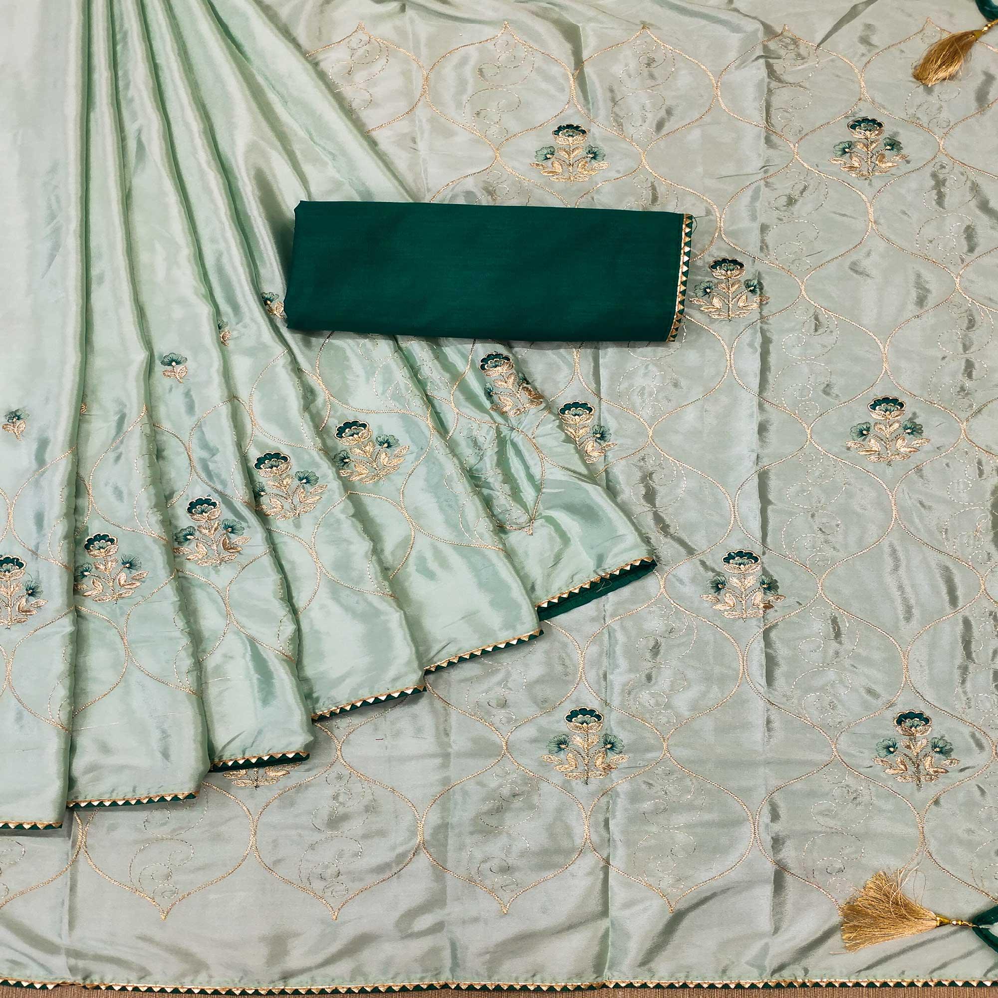 Green Floral Zari Embroidered Pure Silk Saree - Peachmode