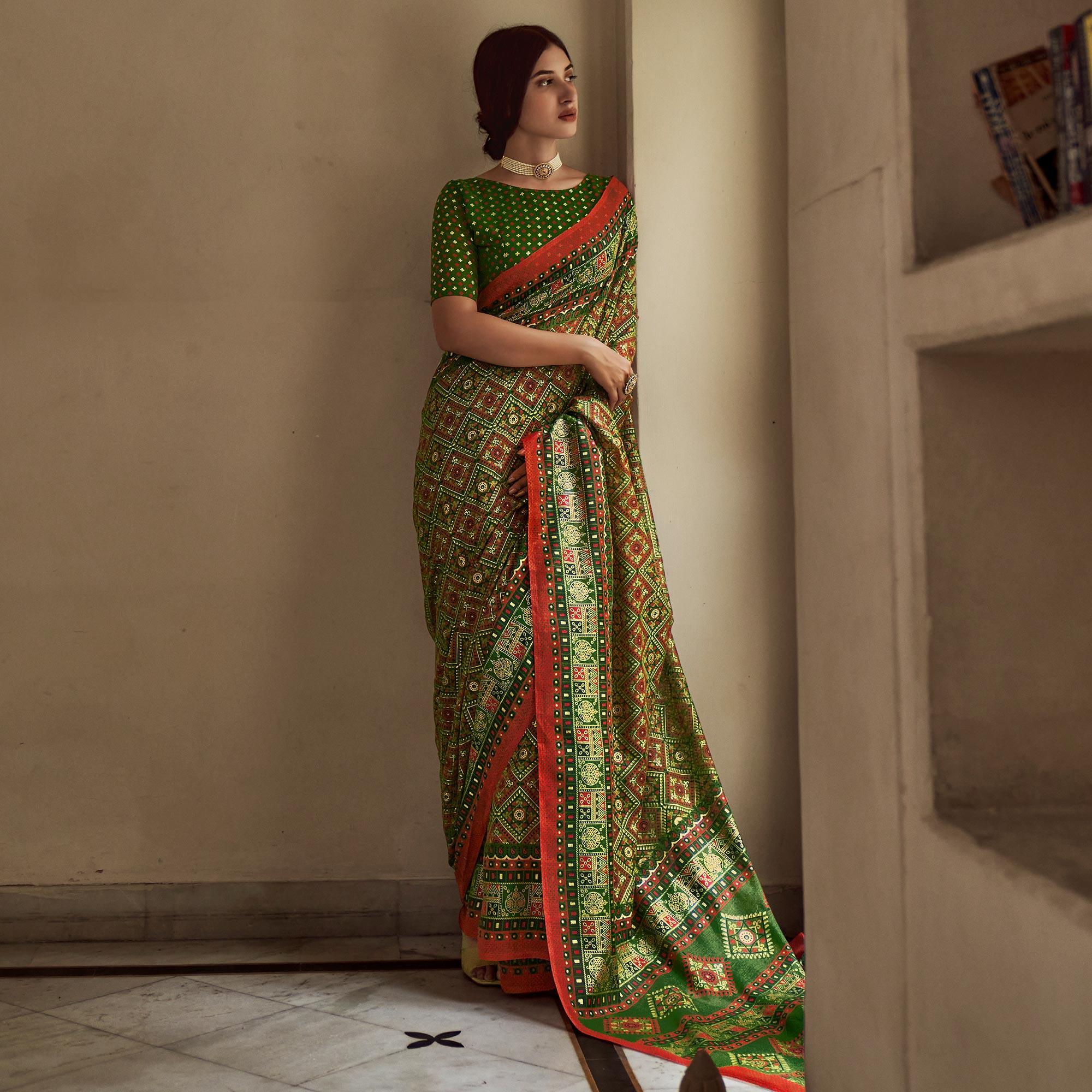 Green Foil Digital Printed Poly Cotton Saree - Peachmode