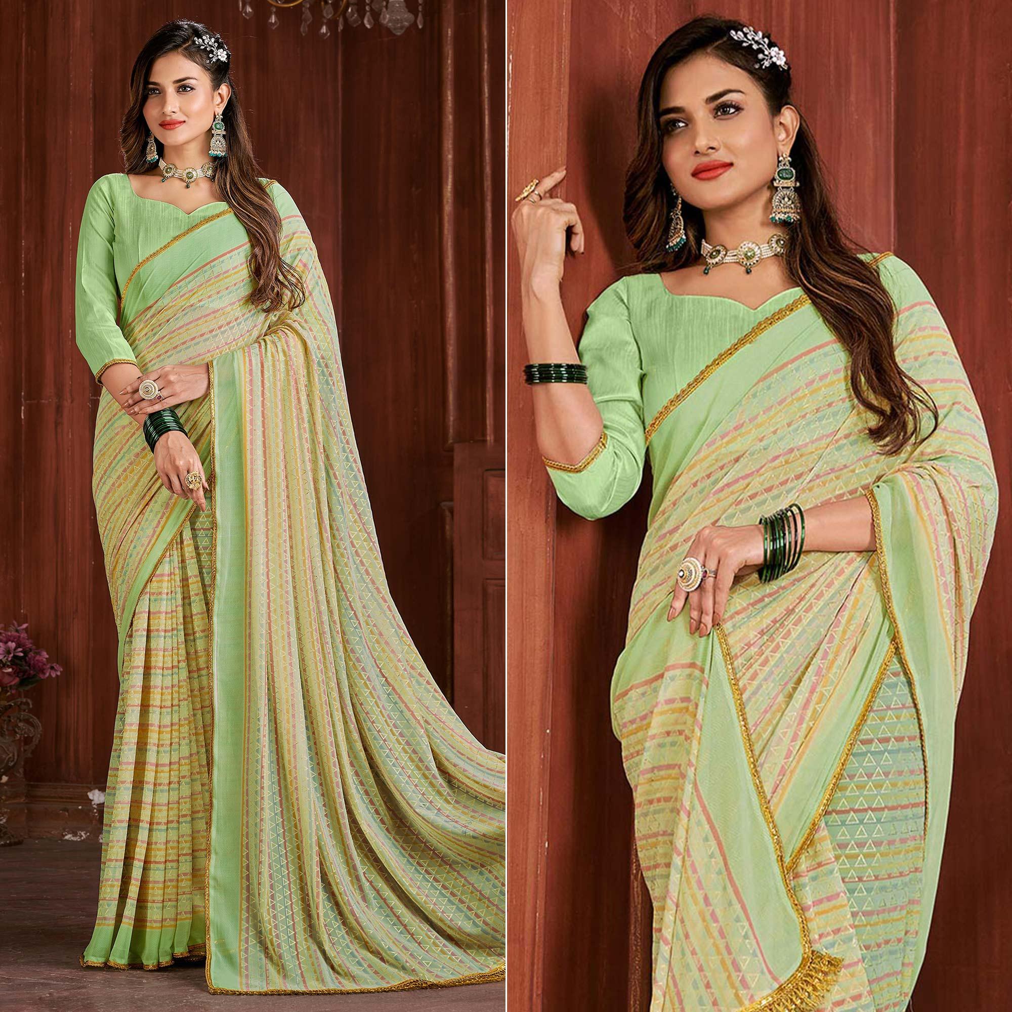 Green Foil Printed Georgette Saree - Peachmode