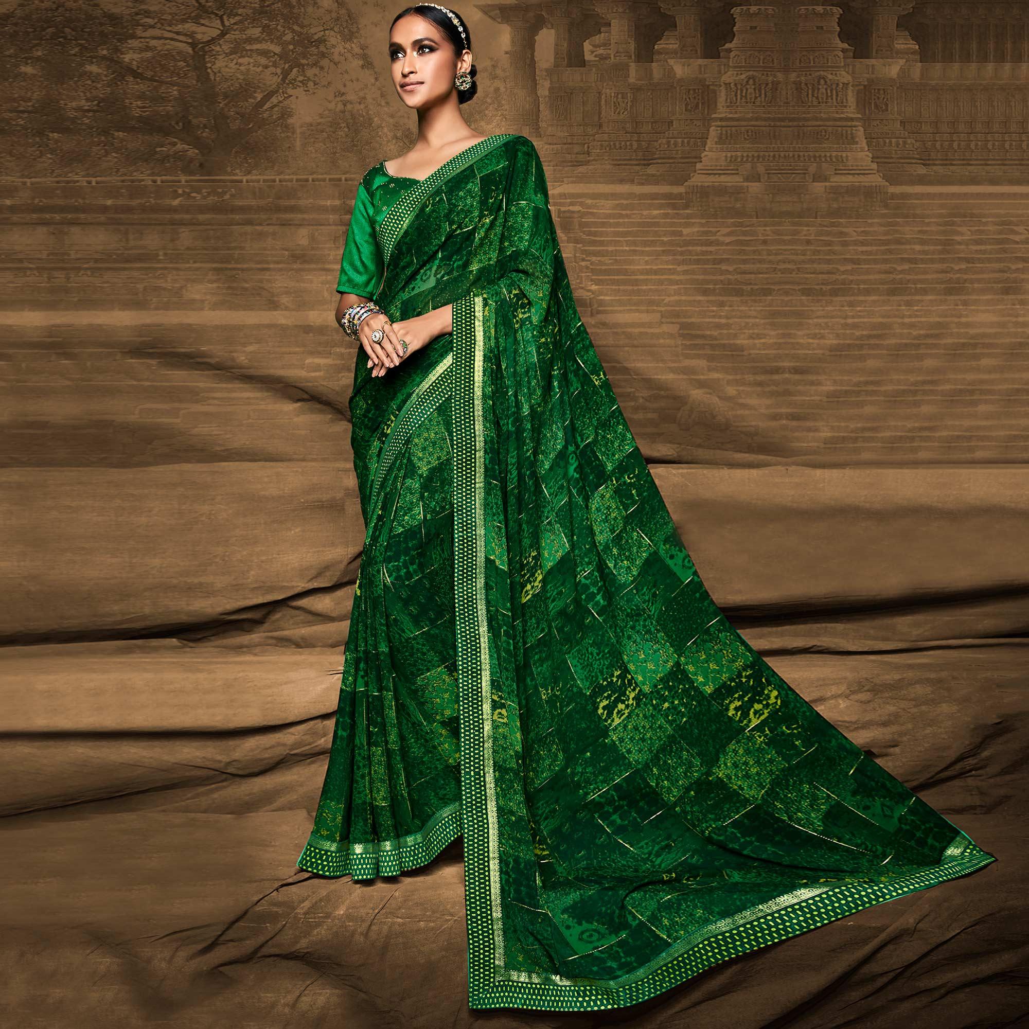 Green Foil Printed Georgette Saree - Peachmode