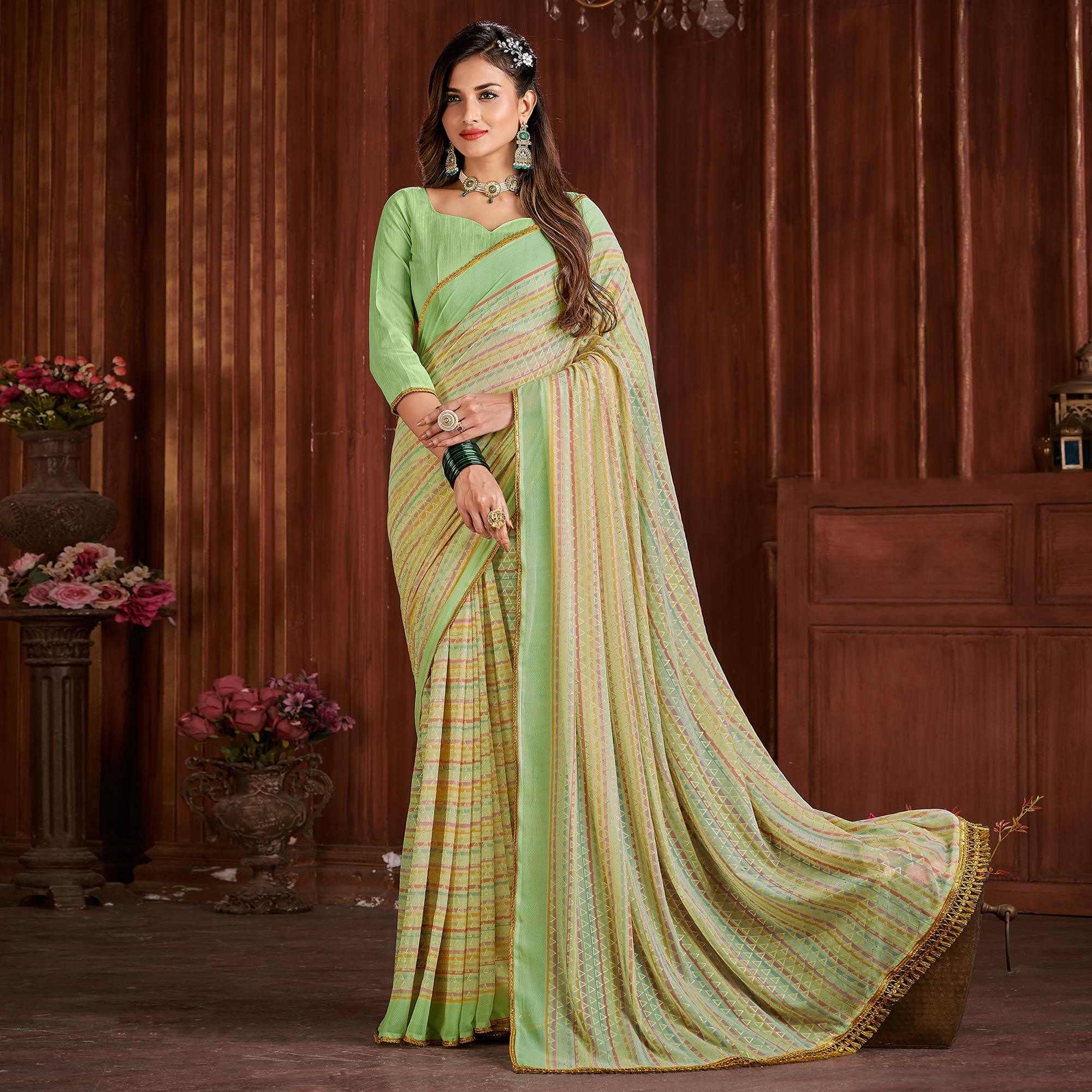 Green Foil Printed Georgette Saree - Peachmode