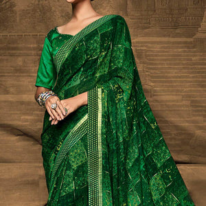 Green Foil Printed Georgette Saree - Peachmode