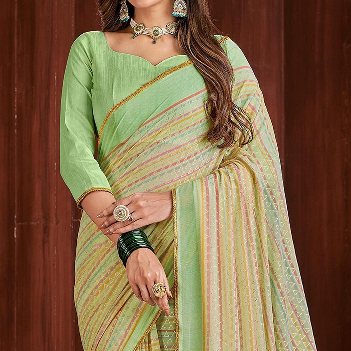 Green Foil Printed Georgette Saree - Peachmode