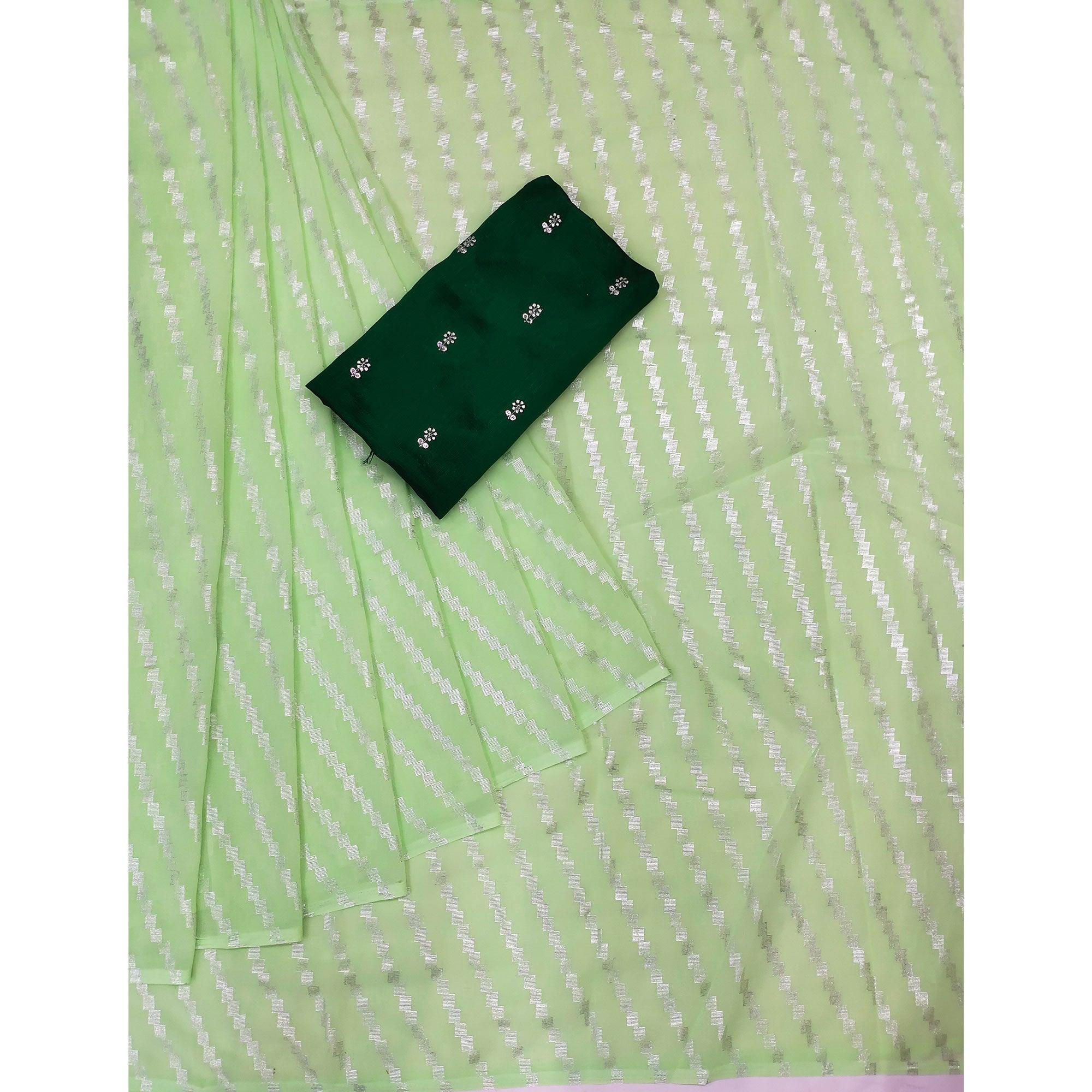 Green Foil Printed Georgette Saree - Peachmode