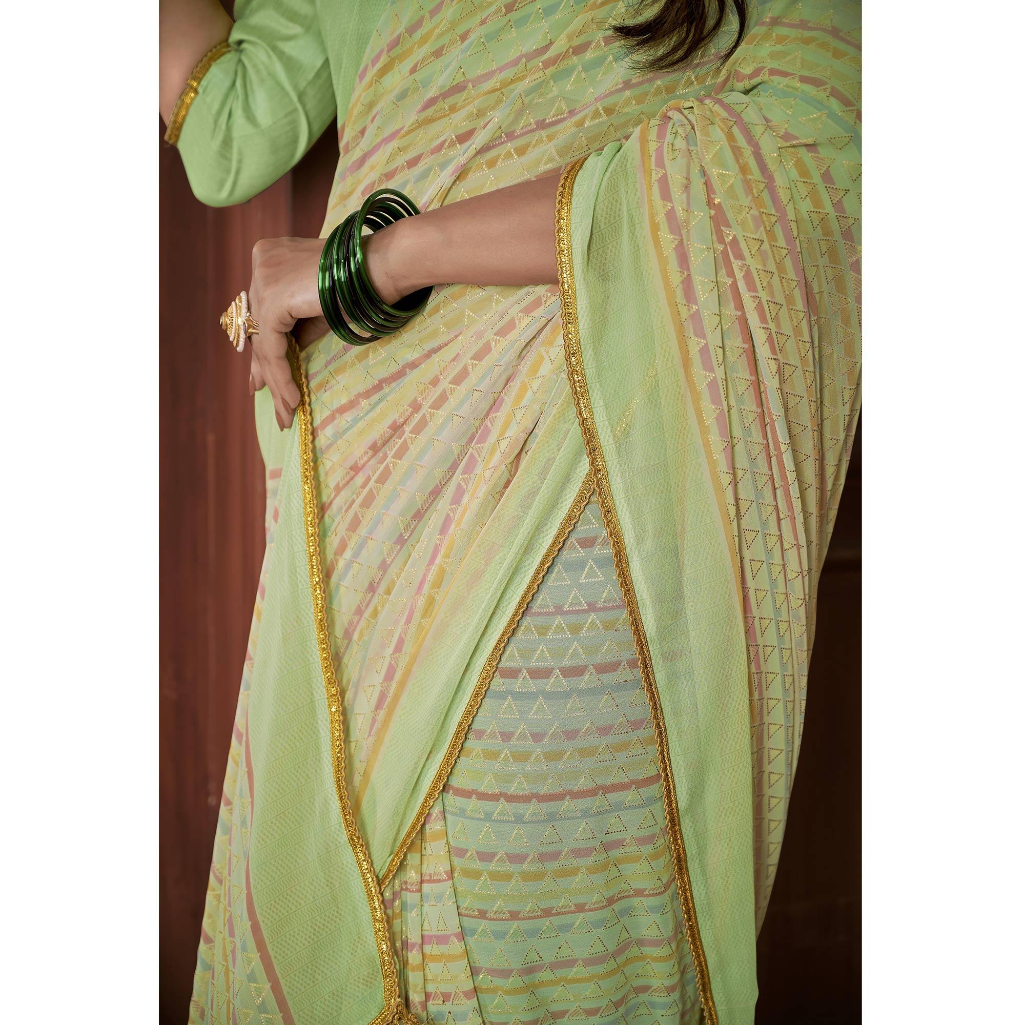 Green Foil Printed Georgette Saree - Peachmode