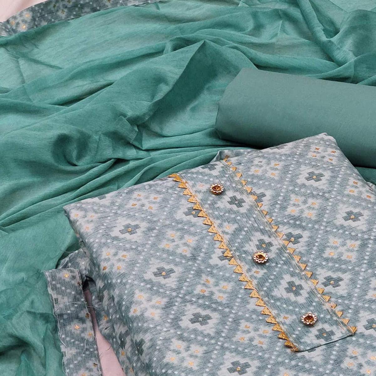 Green Foil Printed Rayon Dress Material - Peachmode