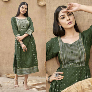 Green Foil Printed Rayon Kurti - Peachmode