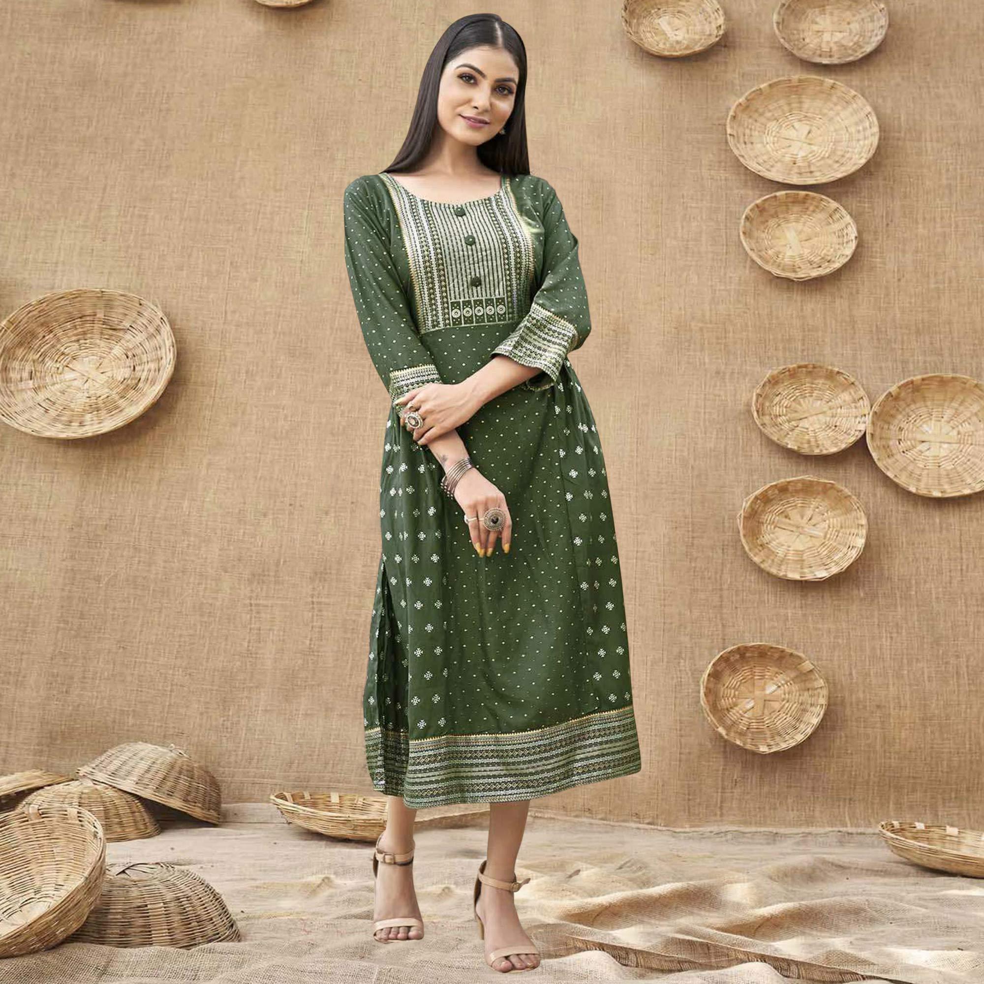 Green Foil Printed Rayon Kurti - Peachmode