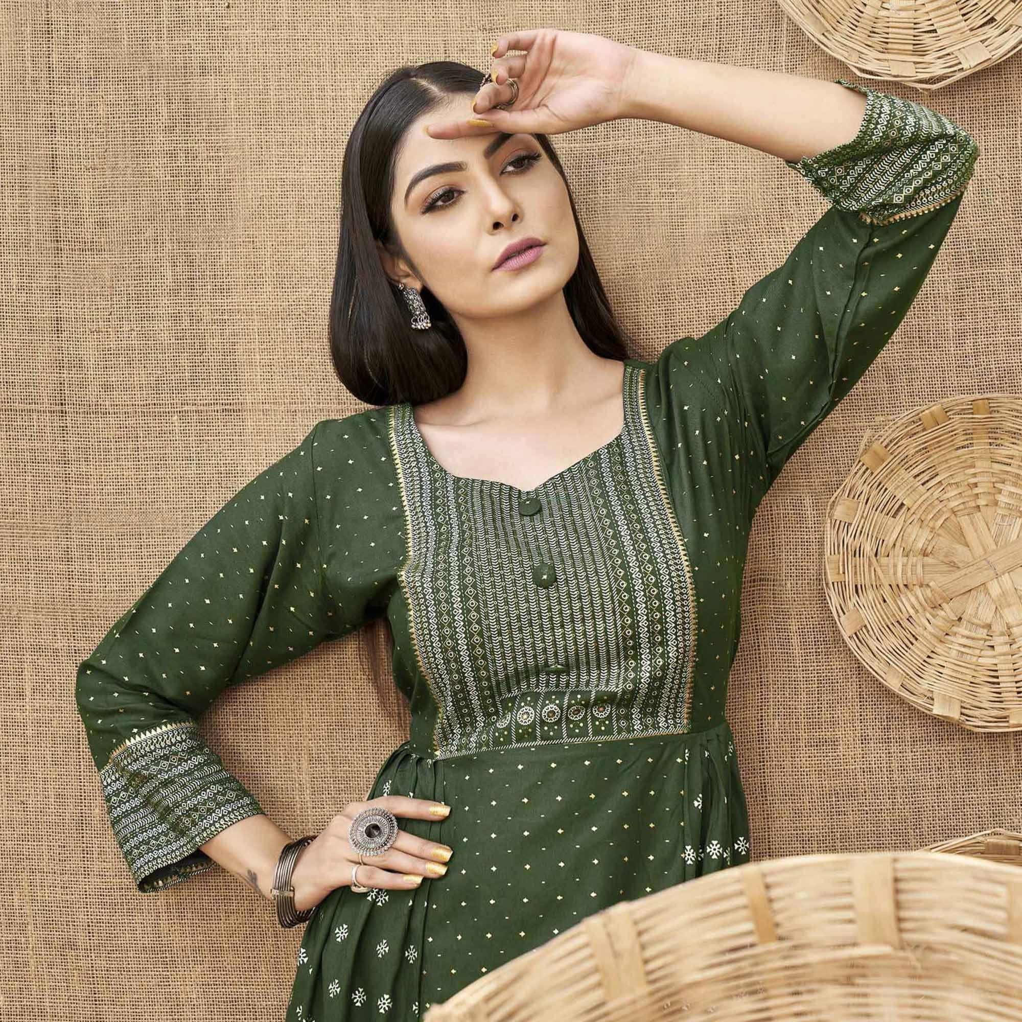 Green Foil Printed Rayon Kurti - Peachmode