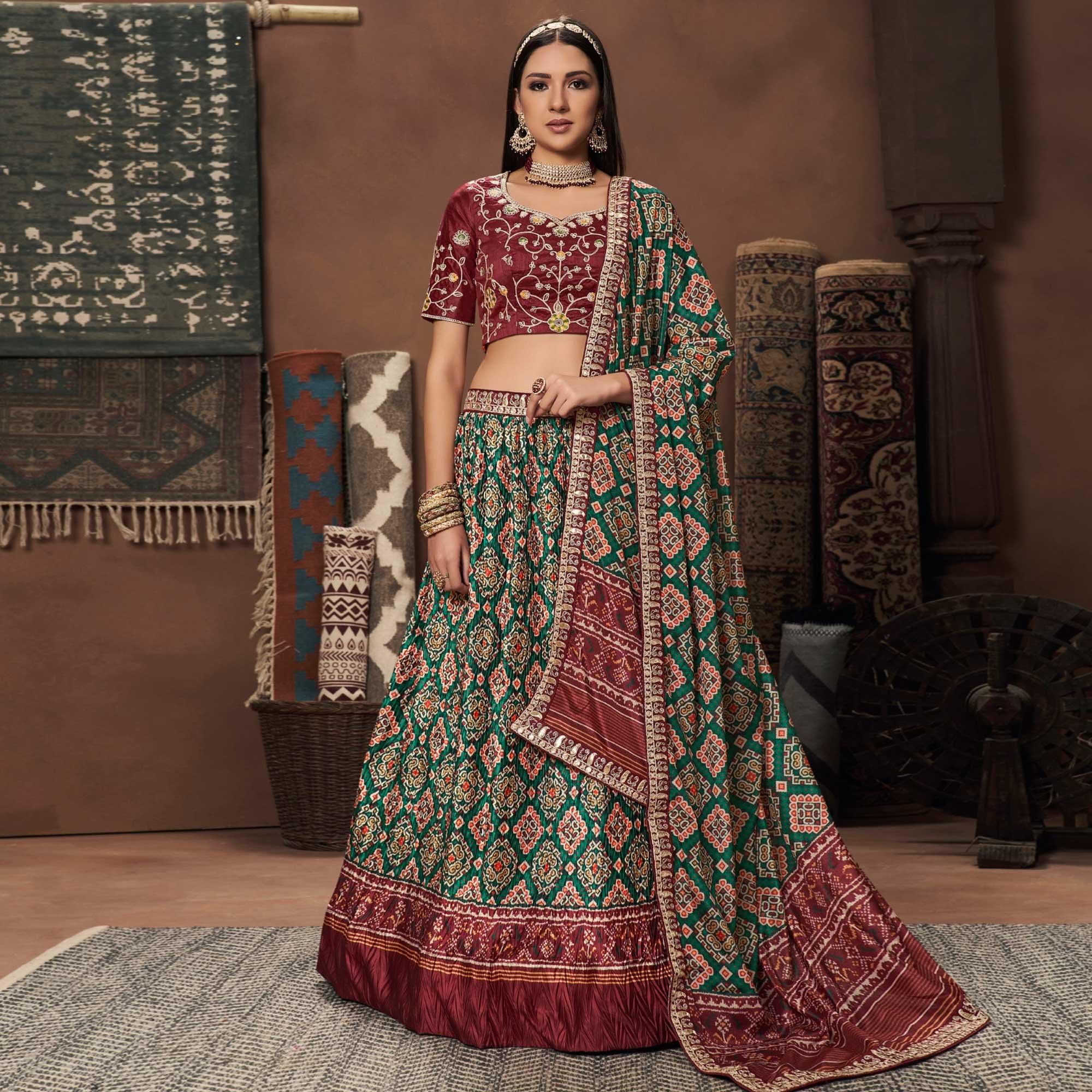 Green Geometric Printed Art Silk Lehenga Choli - Peachmode