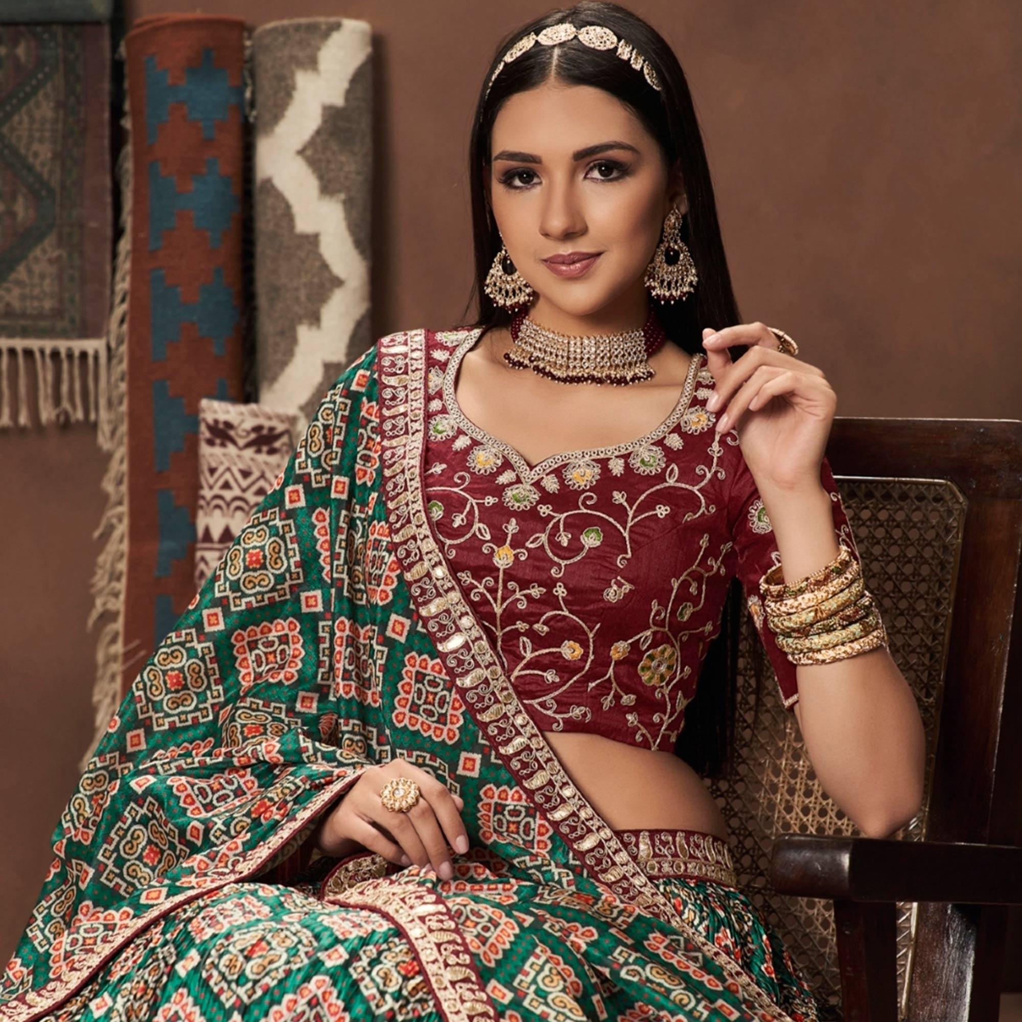 Green Geometric Printed Art Silk Lehenga Choli - Peachmode