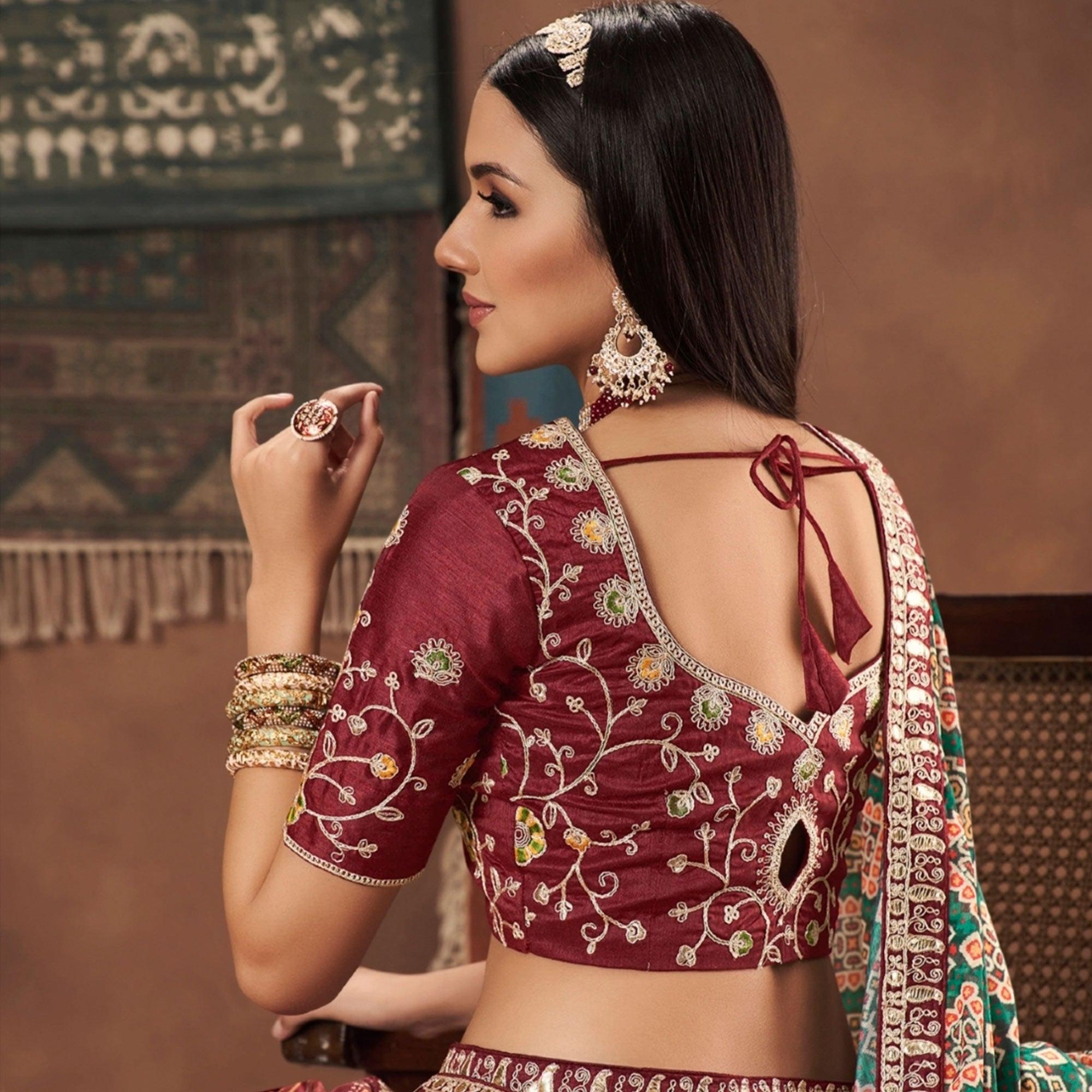 Green Geometric Printed Art Silk Lehenga Choli - Peachmode