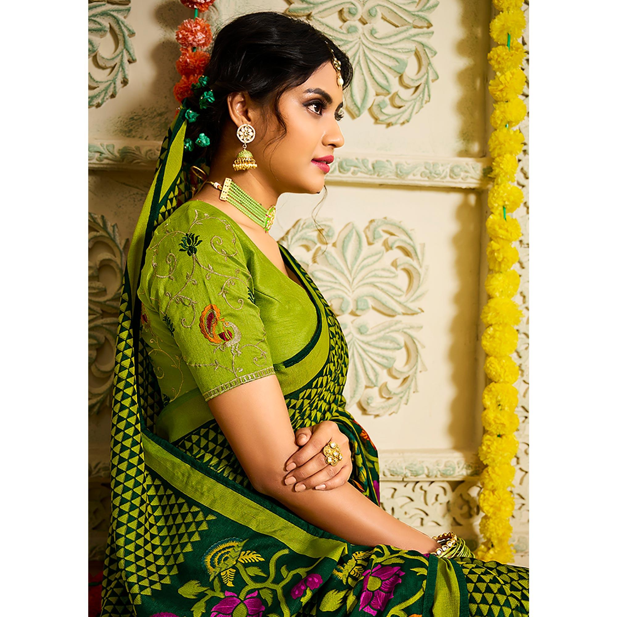 Green Geometric Printed Brasso Saree With Tassels - Peachmode
