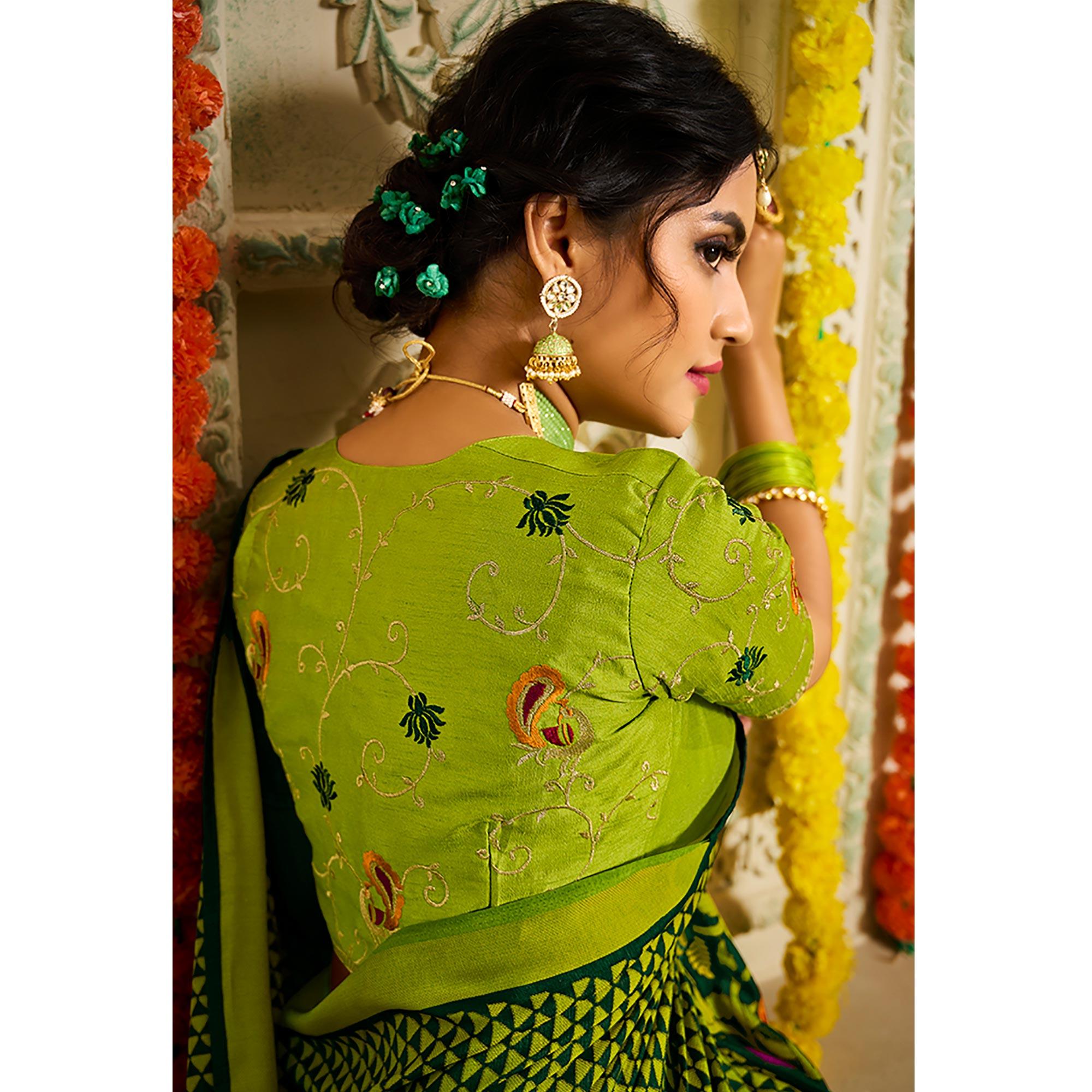 Green Geometric Printed Brasso Saree With Tassels - Peachmode